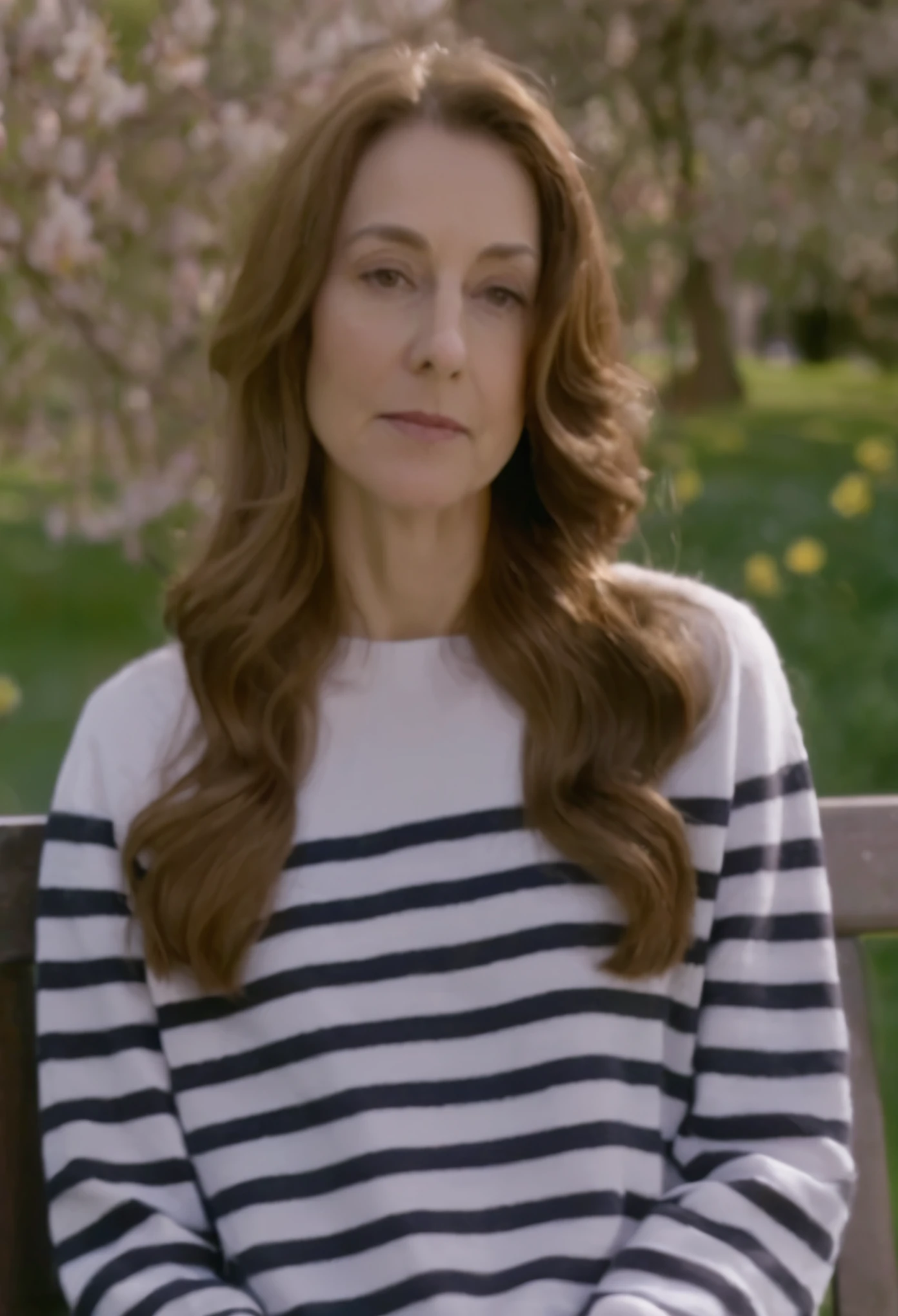 A woman sits on a bench in a park with a flowering tree in the background, aber ein strenger Blick um sie herum, youtube video screenshot, Nicee Frau, fine portrait, Film-Screenshot, Nice, Sie ist traurig, WunderNice atemberaubend, trailer, Screenshot aus einem Film, kindischer Blick, bedrohlich aussehen, schaut trotzig in die Kamera, in einem marineblauen Pullover