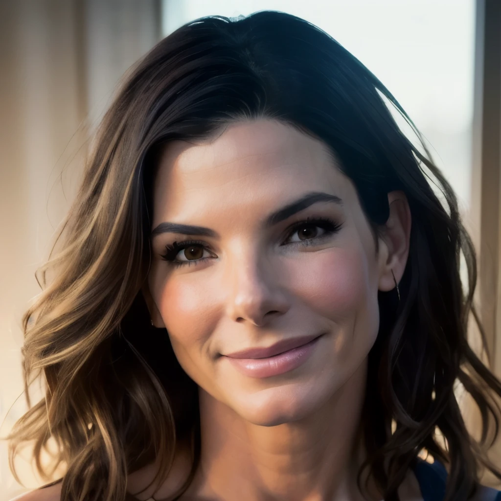 sexy woman Sandra Bullock face portrait, night, soft lighting, dynamic angle, realistic lighting, smiling, happy, Wonder Woman movie scene background, photo by Brooke DiDonato, (natural skin texture, hyperrealism, soft light, sharp: 1.2), (complex details: 1.12), hdr masterpiece, best quality, (highly detailed photo: 1.1), 8k, photorealistic, (SFW),