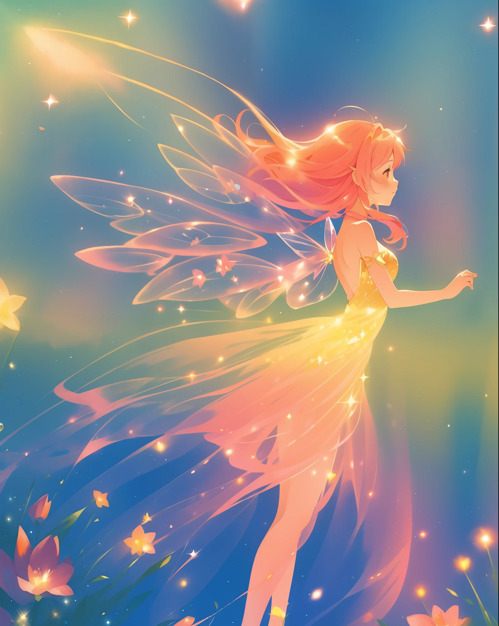 beautiful fairy girl in a sparkling layered dress, long flowing pink peach red hair, (large sparkling colorful fairy wings on her back), colorful fantasia background, flowers meadow, watercolor illustration, disney art style, glowing aura around her, glowing lights, beautiful digital illustration, fantasia otherworldly landscape plants flowers, beautiful, masterpiece, best quality, anime disney style
