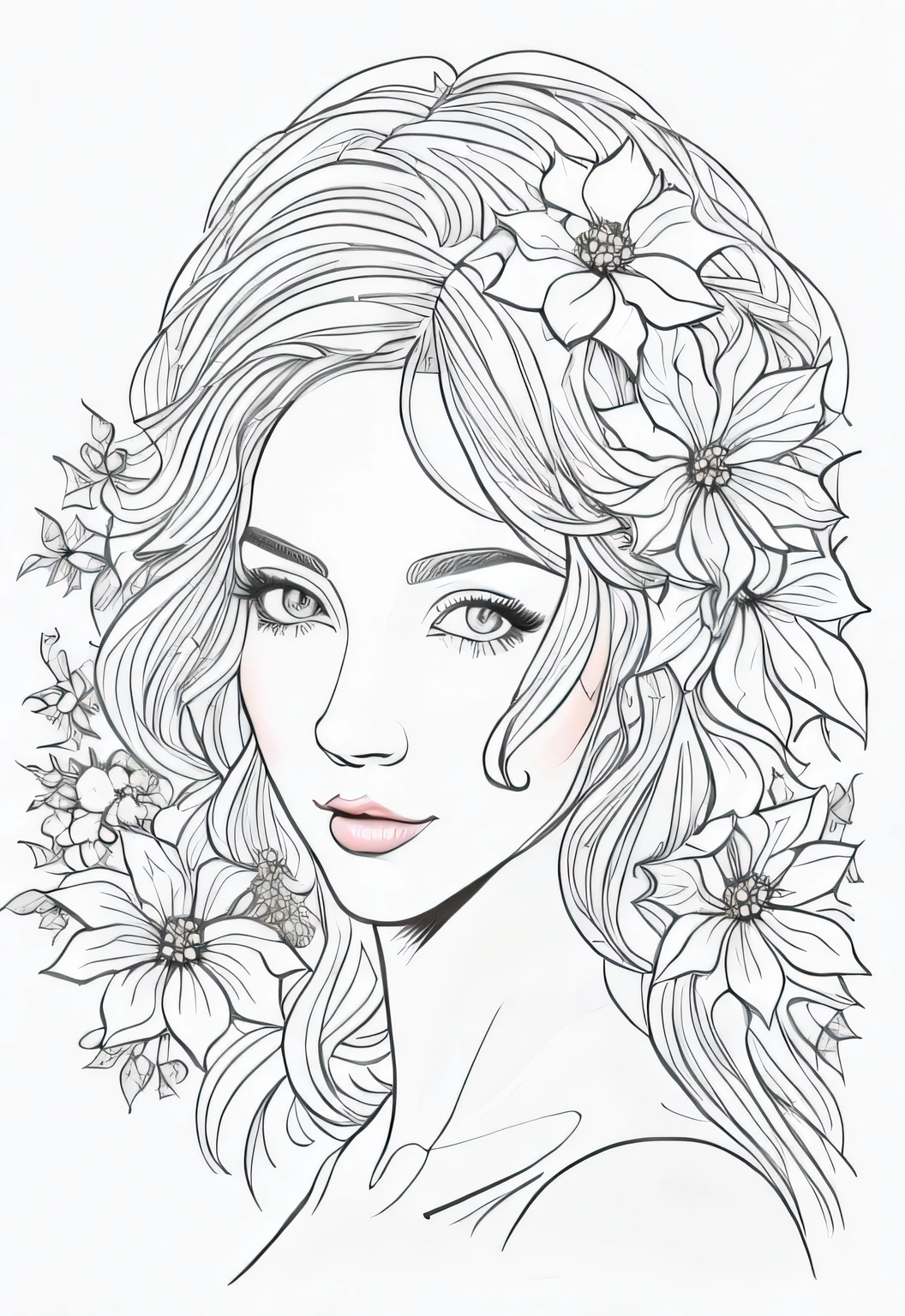 N/w a drawing of a woman with flowers in her hair, beautiful line art, line art portrait, exquisite line art, high quality sketch art, detailed feminine face, extremely fine ink lineart, beautiful drawing style, line art, detailed beautiful portrait, line art colouring page, traditional drawing style, black and white coloring, realistic line drawing, outline art, highly detailed portrait
