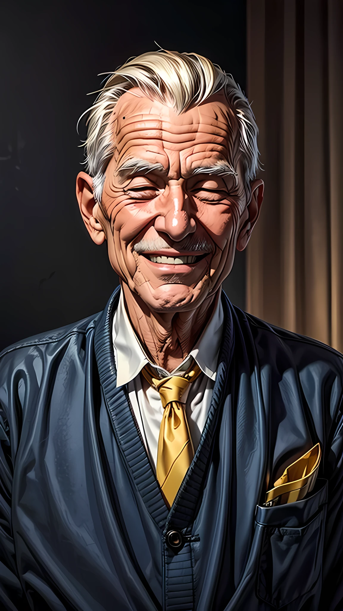 um homem idoso aparentemente com 75 anos, sorrindo de olhos fechados, ultra detalhado, close up no seu rosto
