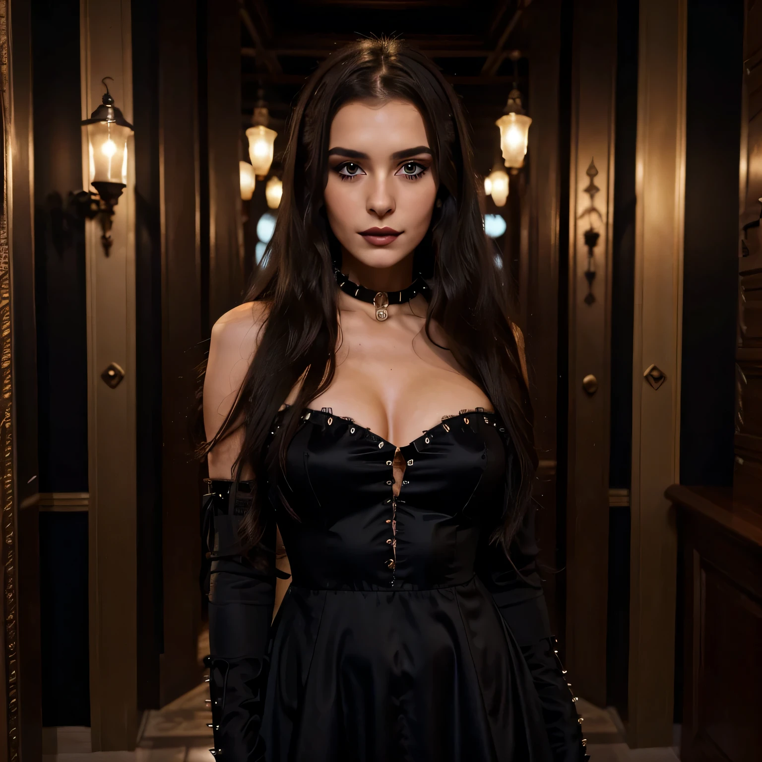 Albanian, girl, long brown hair, blue eyes, Character: Beautiful brunette goth girl, Description: Silky black dress, black spiky choker, Setting: Egyptian Goddess, Mood/Emotion: Cheery yet very pale, Detail: Black lipstick, Atmosphere: Bright lights, Emotion: Happiness, Panoramic view 