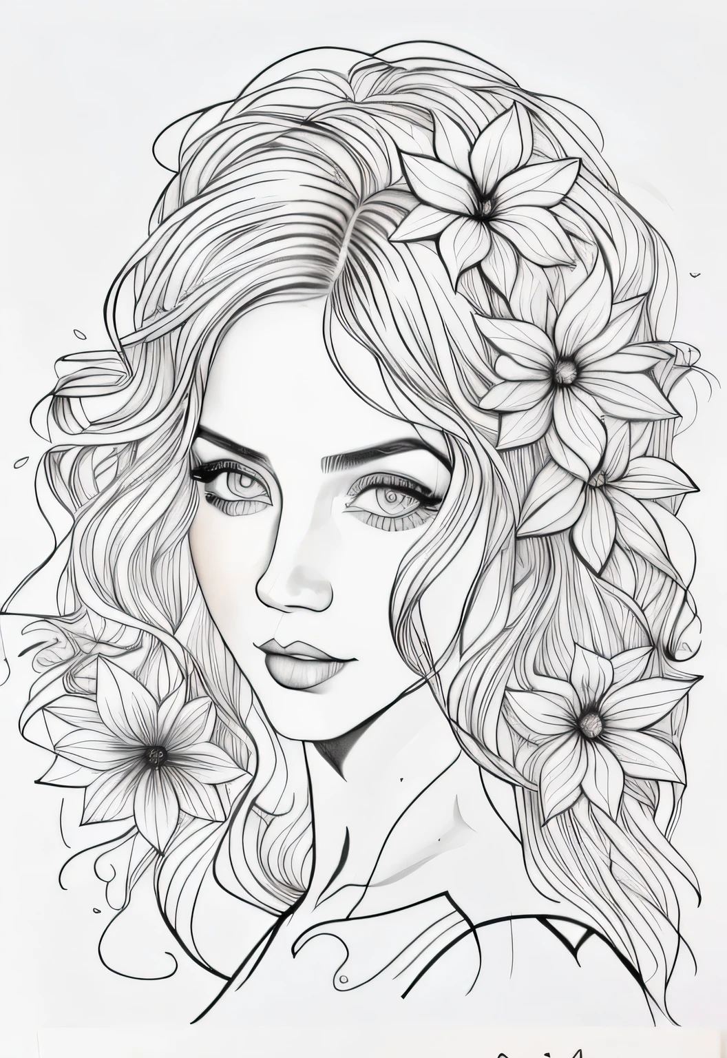 N/w a drawing of a woman with flowers in her hair, beautiful line art, line art portrait, exquisite line art, high quality sketch art, detailed feminine face, extremely fine ink lineart, beautiful drawing style, line art, detailed beautiful portrait, line art colouring page, traditional drawing style, black and white coloring, realistic line drawing, outline art, highly detailed portrait