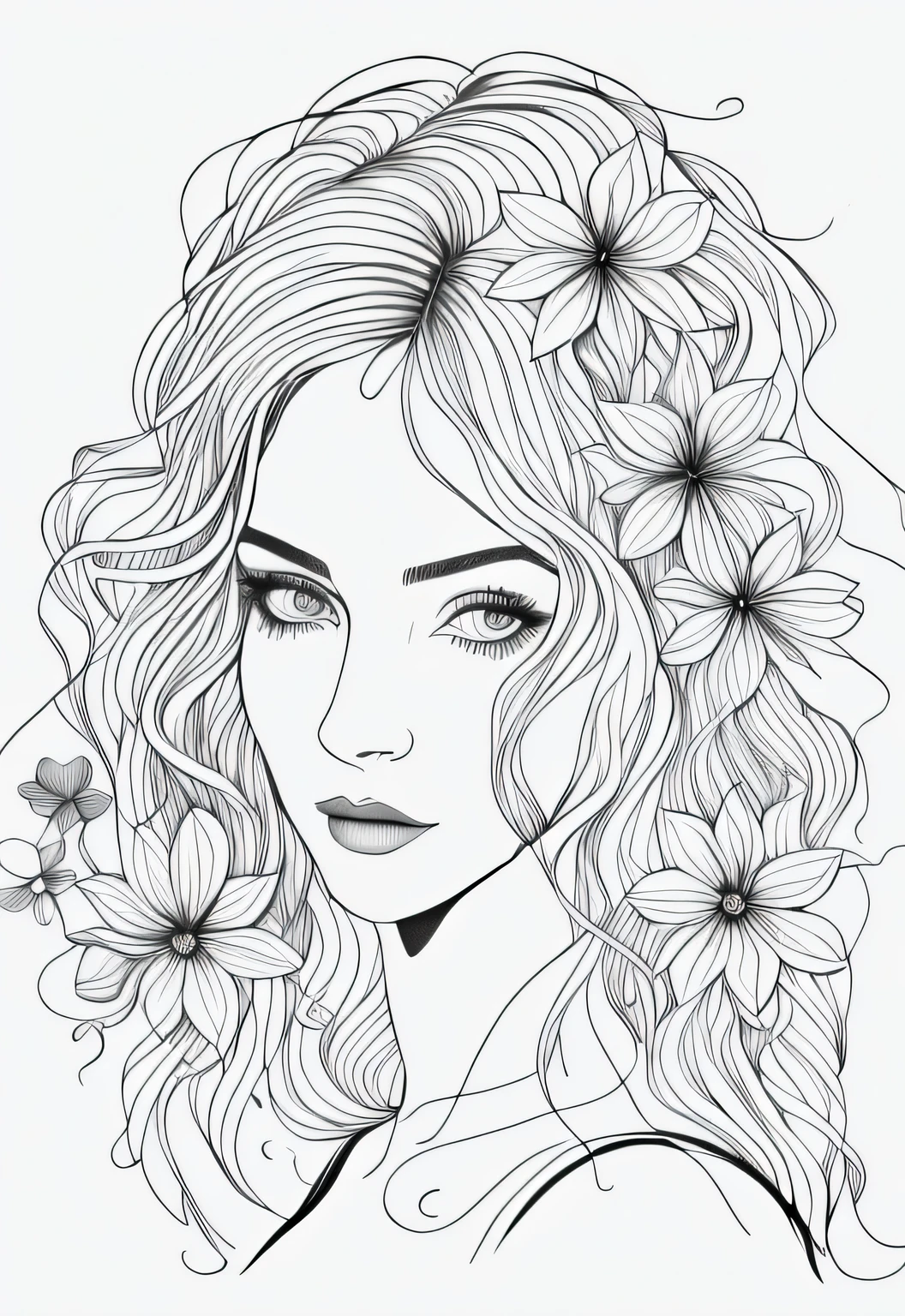 N/w a drawing of a woman with flowers in her hair, beautiful line art, line art portrait, exquisite line art, high quality sketch art, detailed feminine face, extremely fine ink lineart, beautiful drawing style, line art, detailed beautiful portrait, line art colouring page, traditional drawing style, black and white coloring, realistic line drawing, outline art, highly detailed portrait