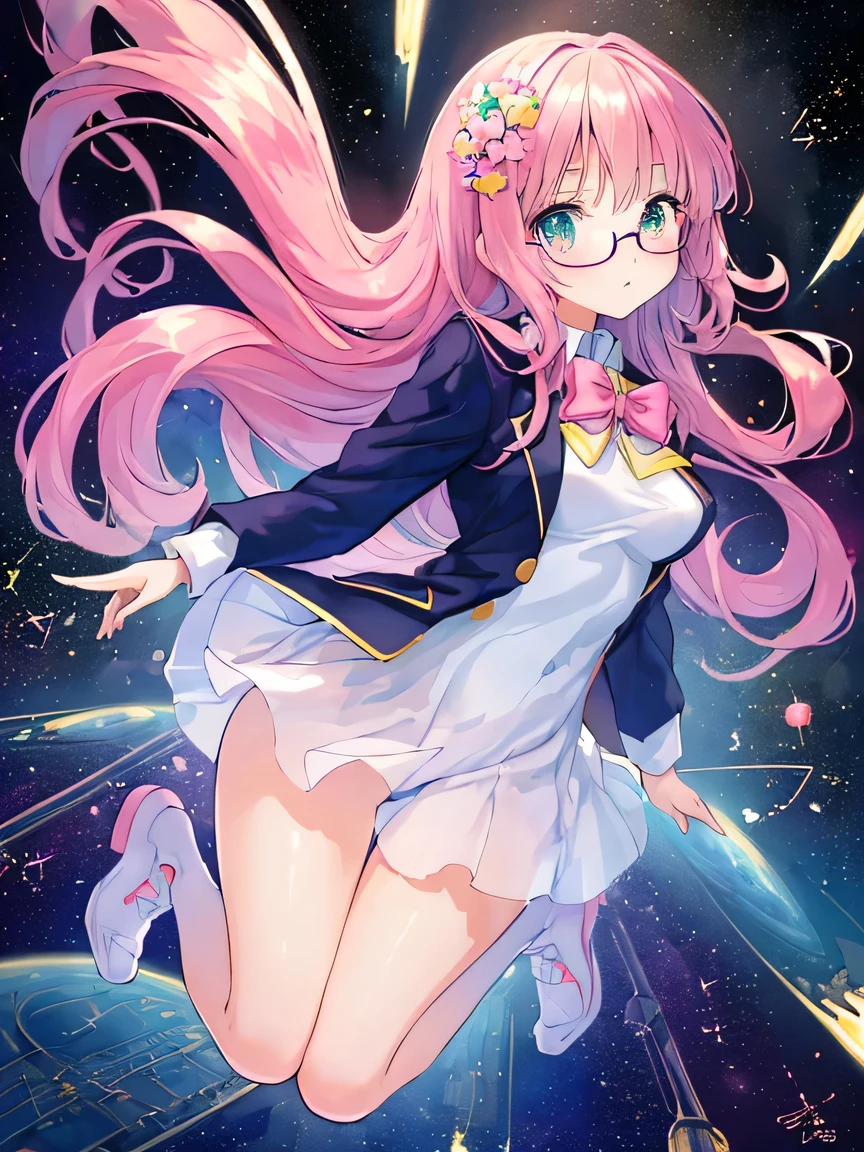 ((masterpiece)), ((highest quality)), (Super detailed), (cute), cute, cute, Lovely, figure, anime style, full body, full body focus, (beautiful eyes), a cute girl, 1 girl, alone, outer space, floating in space, blazer uniform, beautiful straight long hair, Glasses, slim, thin, Medium chest, surprised face, jumping, active pose.