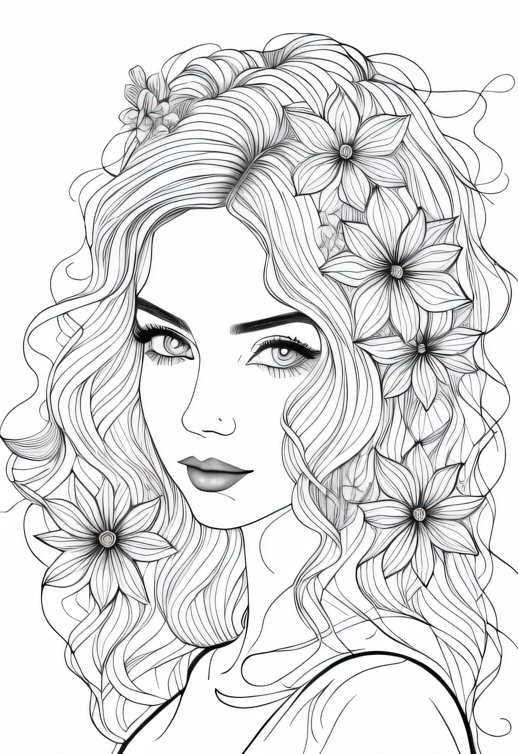 N/w a drawing of a woman with flowers in her hair, beautiful line art, line art portrait, exquisite line art, high quality sketch art, detailed feminine face, extremely fine ink lineart, beautiful drawing style, line art, detailed beautiful portrait, line art colouring page, traditional drawing style, black and white coloring, realistic line drawing, outline art, highly detailed portrait