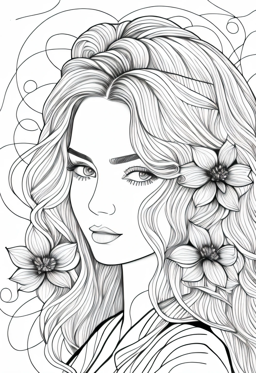 N/w a drawing of a woman with flowers in her hair, beautiful line art, line art portrait, exquisite line art, high quality sketch art, detailed feminine face, extremely fine ink lineart, beautiful drawing style, line art, detailed beautiful portrait, line art colouring page, traditional drawing style, black and white coloring, realistic line drawing, outline art, highly detailed portrait