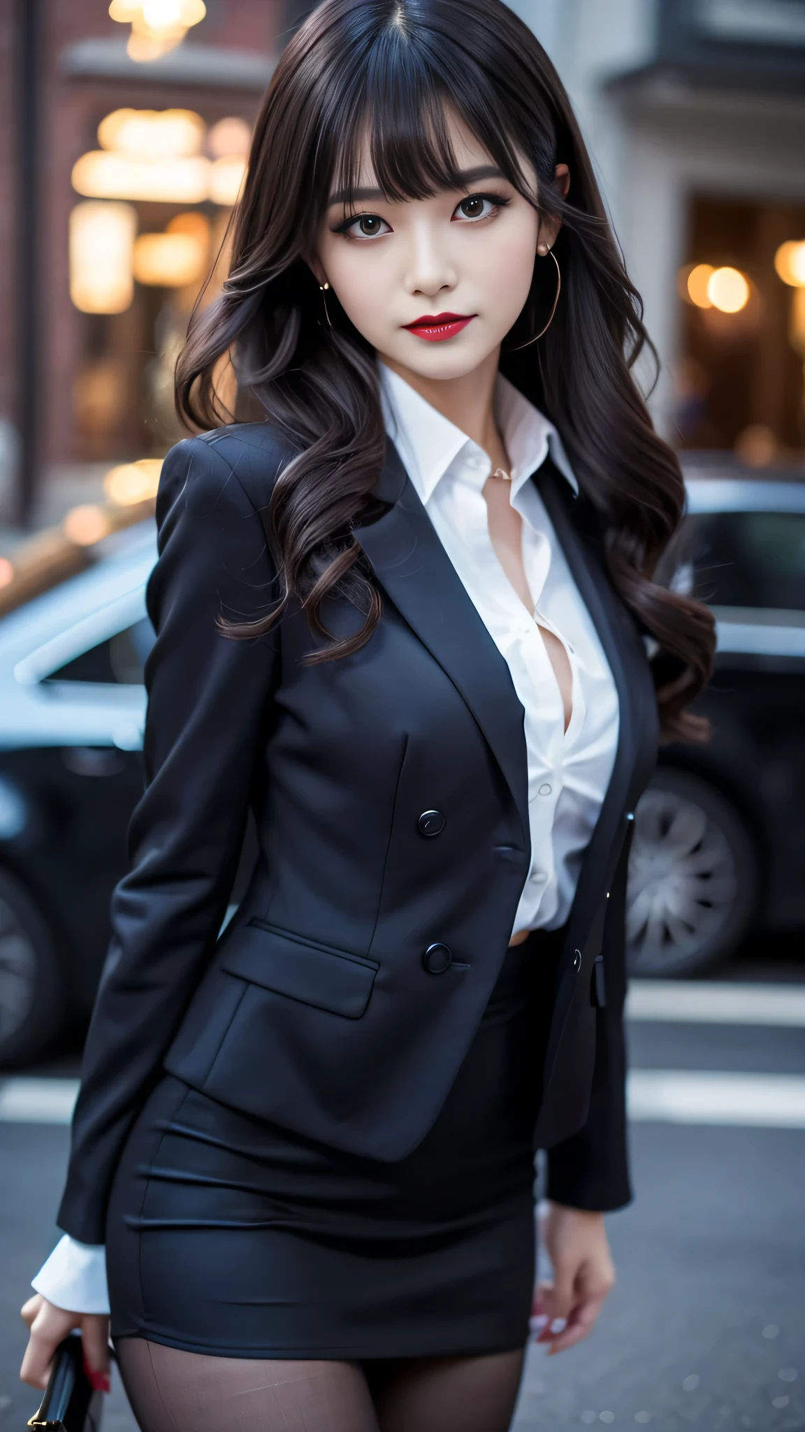 Super detailed、Japanese、charming beauty、seductive adult woman、Beautiful woman、sharp eyes、cool girl、wavy hair、flowing bangs、suit、Jacket、blouse、Tight Skirt、pantyhose、beautiful feet、evilの幹部、evil depravity、brainwashing、Mind control、lipstick、grin、evilな表情、evil、empty eyes、evil、church at night、vampire、Succubus、vampire、makeup brush
