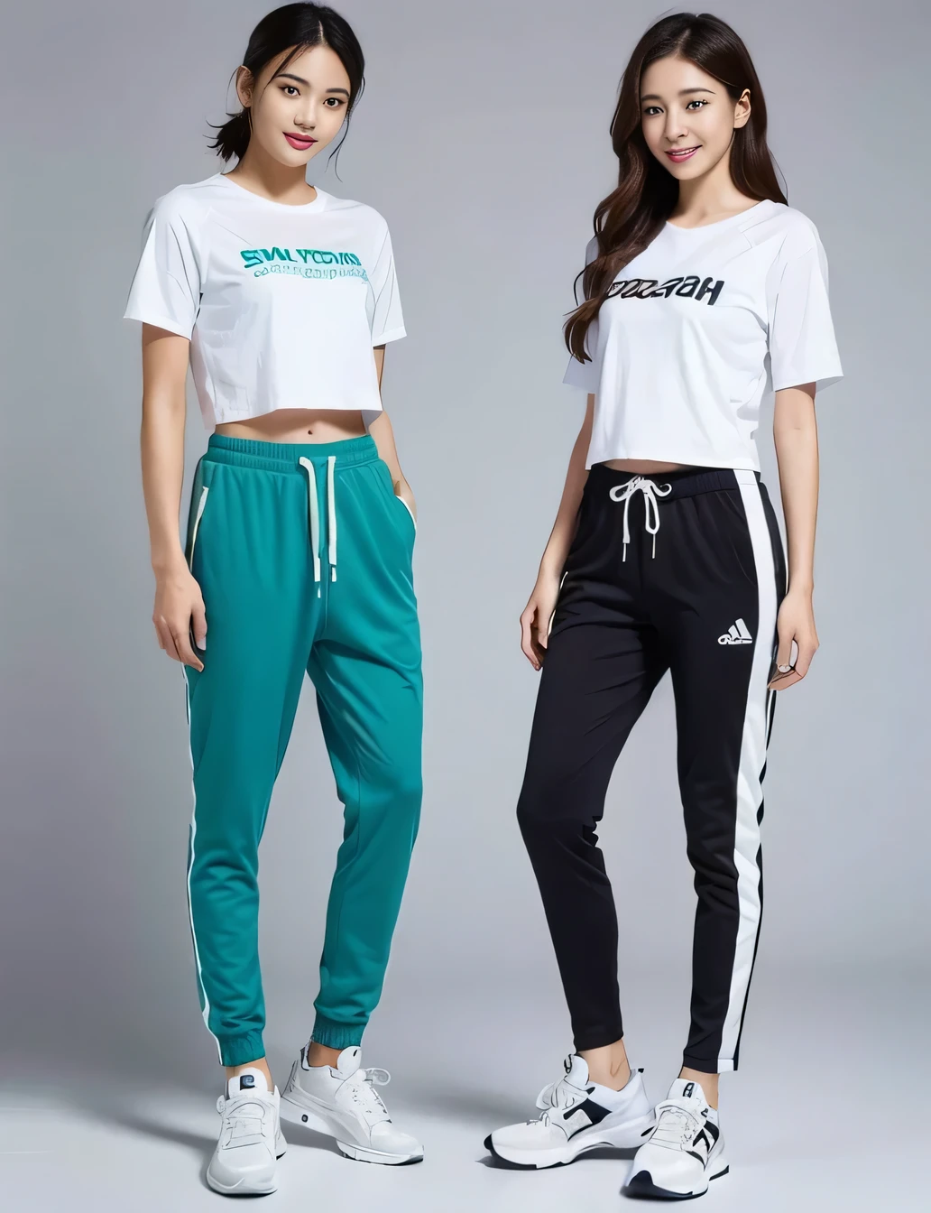 Made of high quality materials、Choose a comfortable white sports T-shirt and gym pants。. You can also try on close-fitting casual wear with lace embellishments。. Wear with sneakers.smile、beautiful teeth、