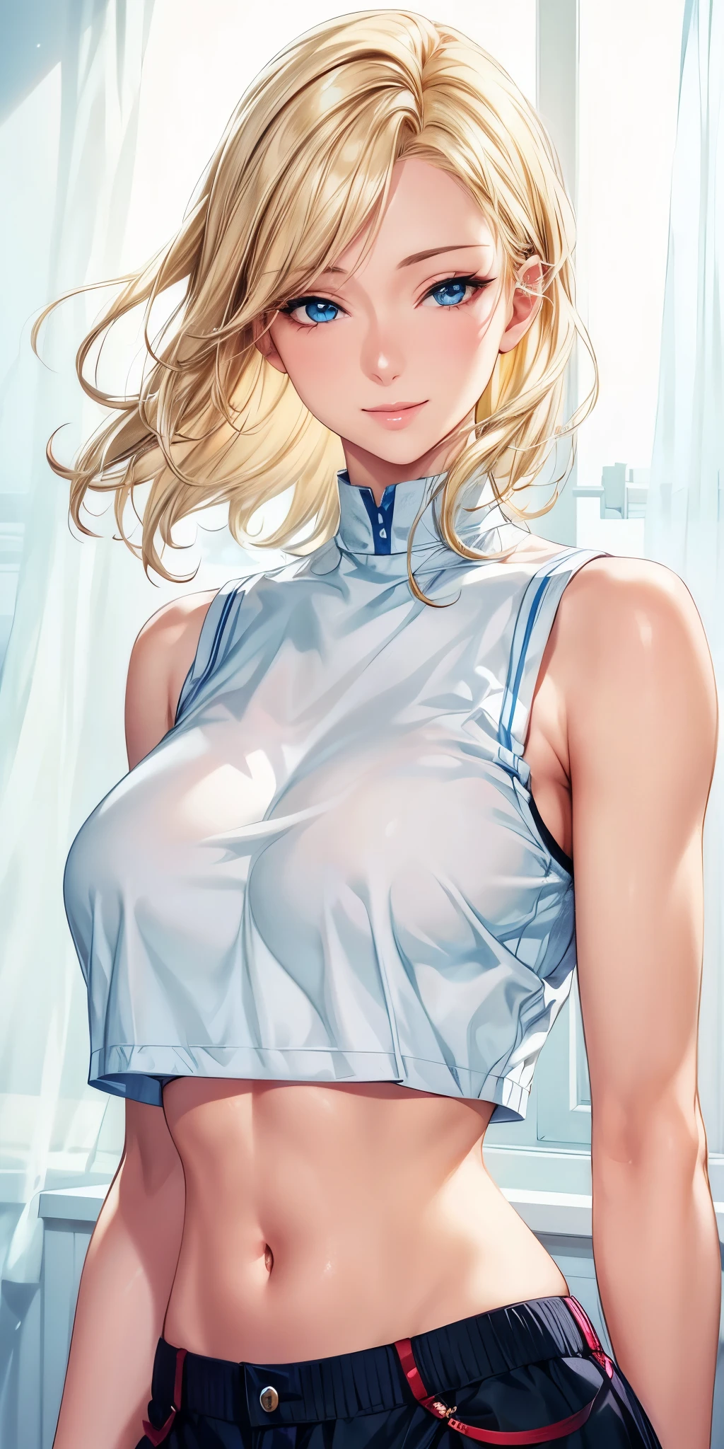 portrait, realistic, elegant mature woman, blue eyes, blonde hair, 4k resolution, ultra detailed cg, beautiful cg, soft light, confident smile