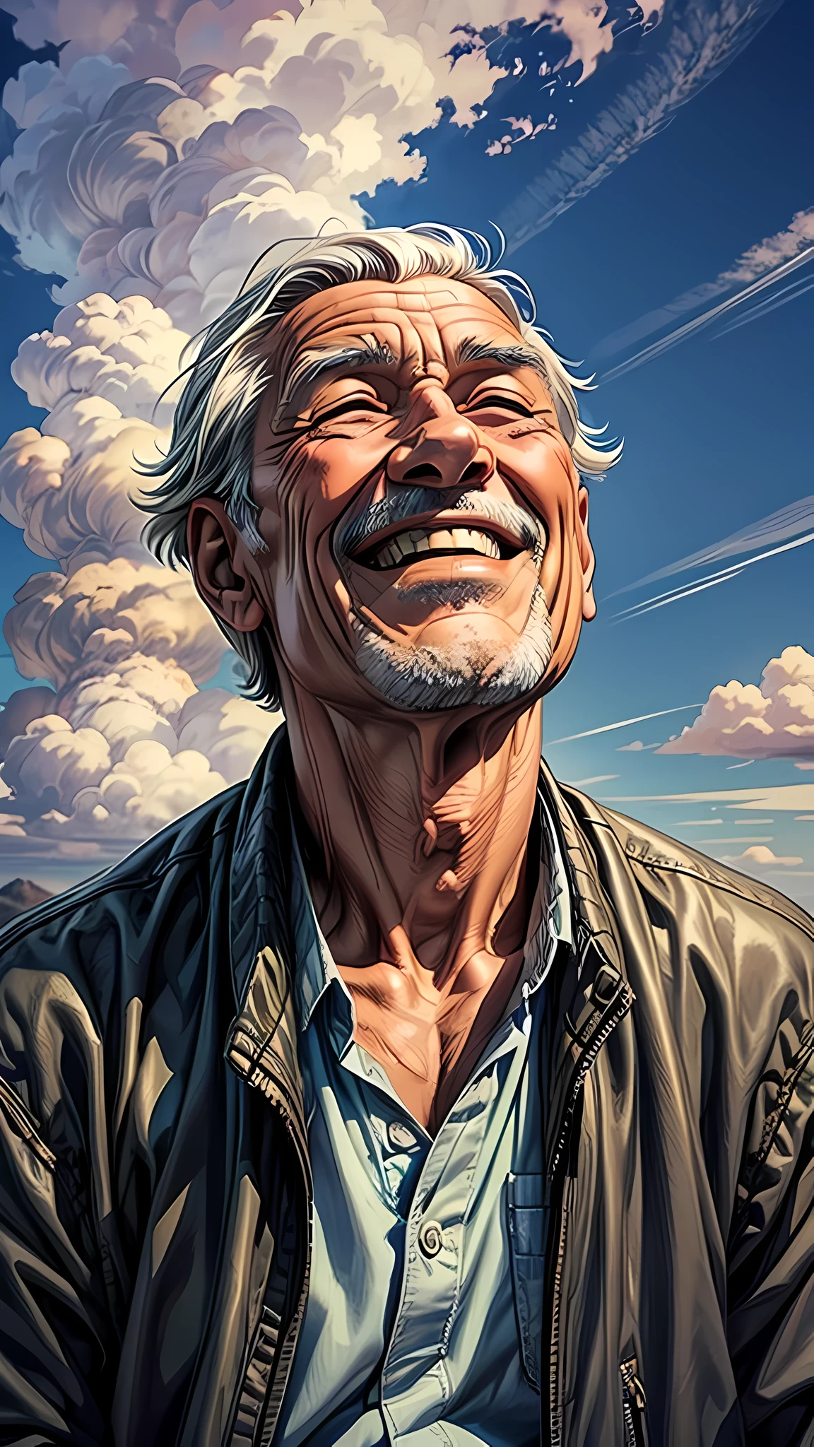 um homem idoso aparentemente com 75 anos, smiling man looking at the sky with his eyes closed, com os olhos fechados, ultra detalhado, sky background with clouds