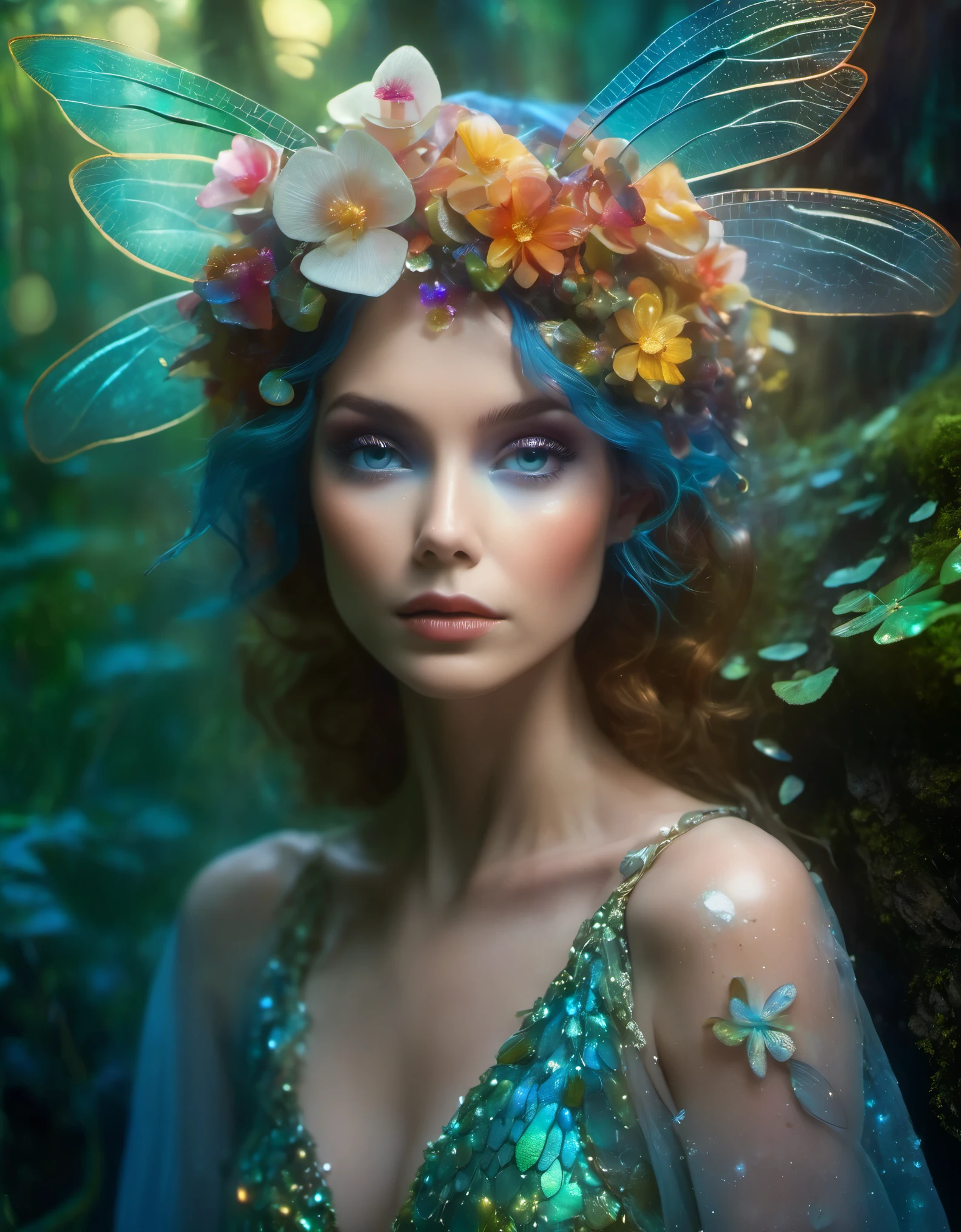 (Spellbinding fantastical portrait:1.6) A breathtakingly beautiful fairy woman with iridescent dragonfly wings and porcelain skin, adorned in an intricate couture gown of silken flower petals that shimmers with morning dew, sitting atop a toadstool in a magical forest grotto, surrounded by twinkling fireflies and glowing mushrooms, her piercing fey eyes locked in an ethereal gaze, full body framing under the soft dappled lighting filtering through the verdant canopy, shot on a medium format digital Hasselblad with an 80mm lens at f/2.8 for a shallow creamy bokeh, (subtle cool color tones:1.3), in the epic, otherworldly fairy tale style of artists Zdislaw Beksinski and Brian Froud