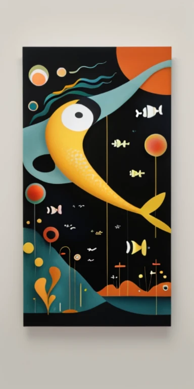 A fish, by Alexander Calder, oil painting, Klimt and Kandinsky, muted pastel color palette.