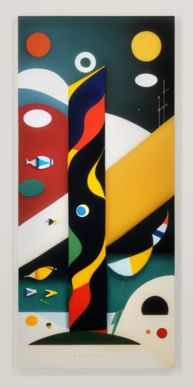 A fish, by Alexander Calder, oil painting, Klimt and Kandinsky, muted pastel color palette.
