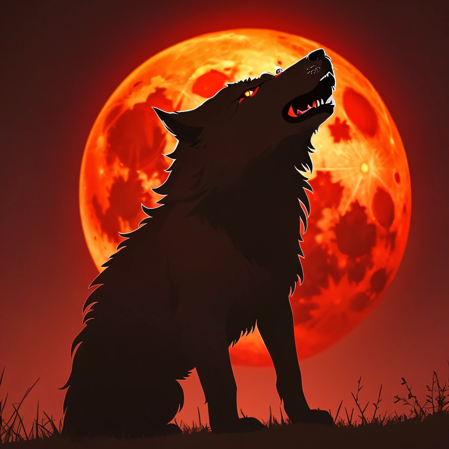 Blood thirsty werewolf, blood, fangs, red, black furr, full moon, blood moon