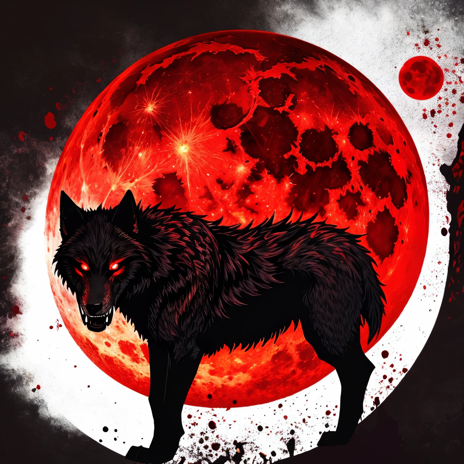 Blood thirsty werewolf, blood, fangs, red, black furr, full moon, blood moon