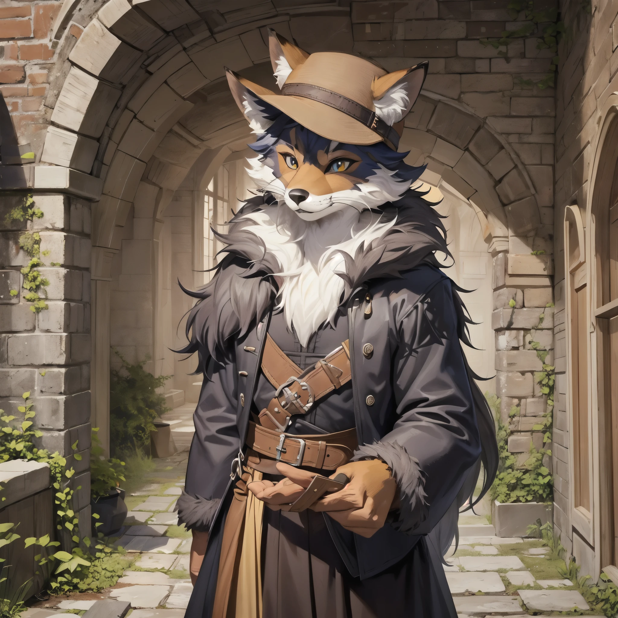 top quality, best quality, High-quality illustrations by Michelangelo, by Johannes Vermeer, masterpiece, super high resolution, detailed background, Old Ruins, Dungeons, Indiana Jones series(highly detailed beautiful face and eyes)absurdres, perfect anatomy(handsome 1boy, kemono, solo focus, Adventurer, Archaeologist)(furry)(furry anthro:1.7)(Furry body, fox facial features, fox body features)(very detailed body fur)full body, Dirty Coat and Hat,