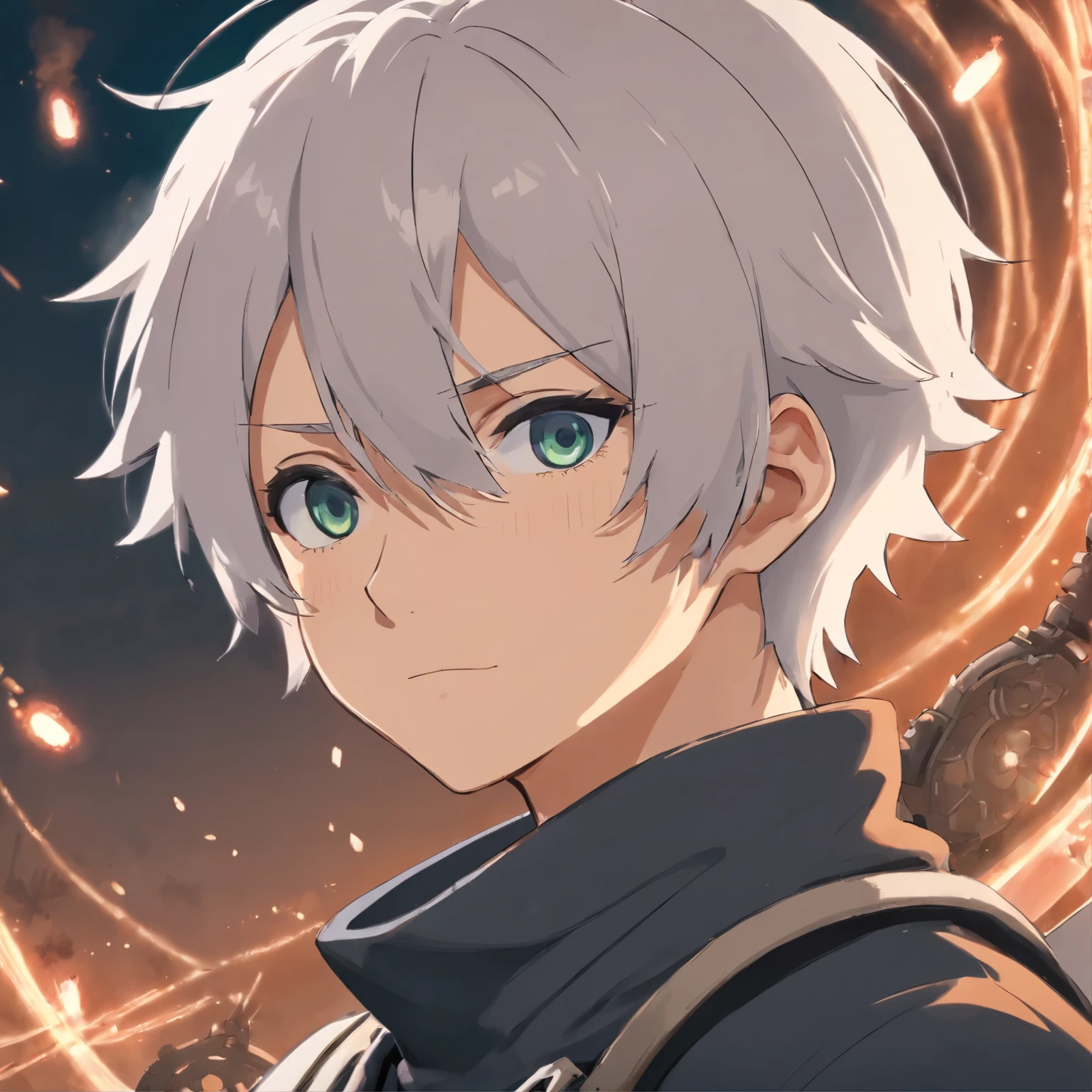 masterpiece, best quality, movie still, 1man, neutral face, (male focus:1.2), (cute:1.2), 9s from nier automata, blushing, wearing blindfold, white hair, choker
