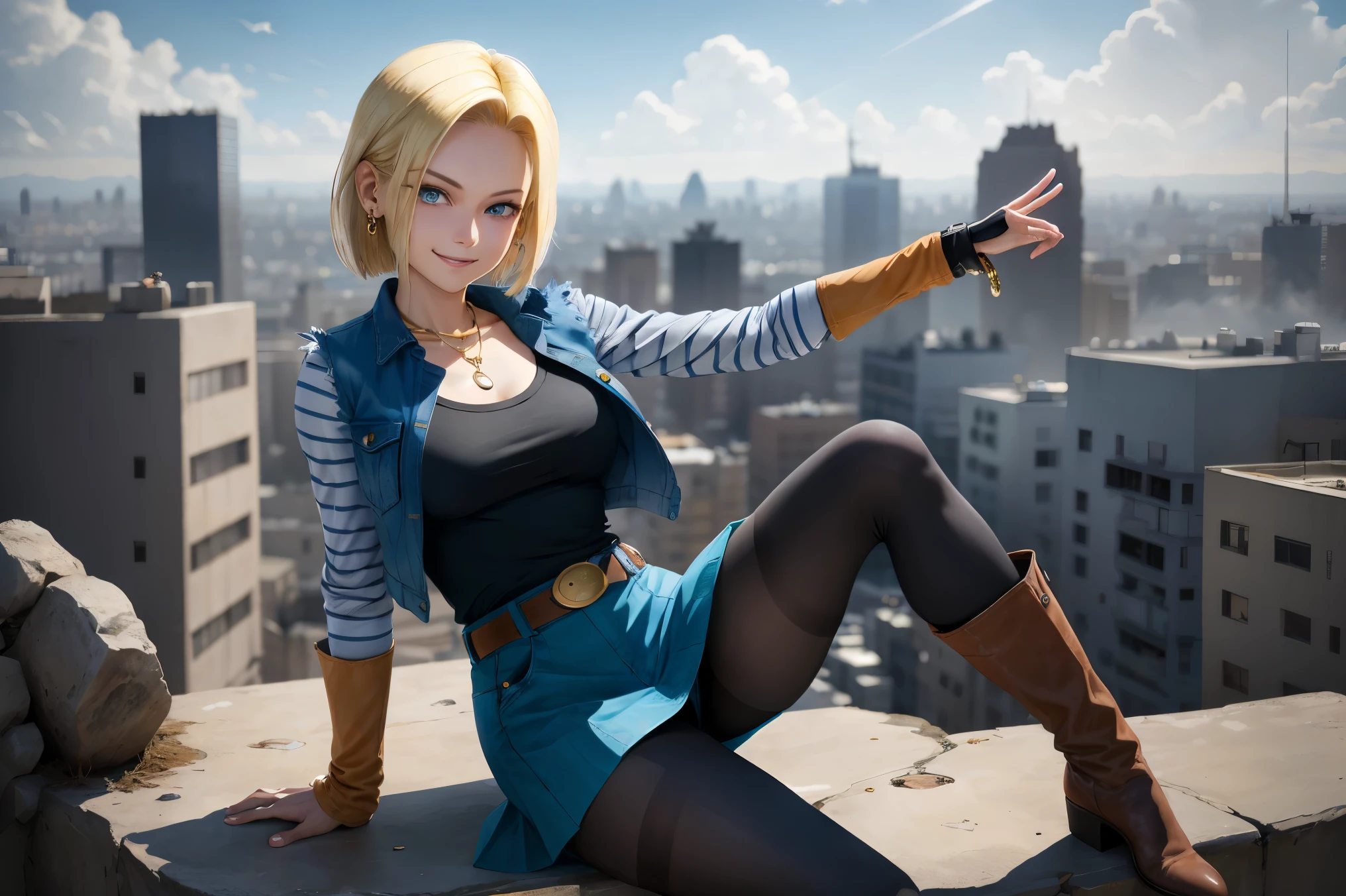 best quality, highres, and18, 1girl, android 18, solo girl, blonde hair, blue eyes, belt, boots, tight blue demin skirt, gold necklace, black shirt, short hair, long striped sleeves, earrings, open vest, denim vest, medium breasts, cowboy shot, city view, straight-on, (weather: windy), cute smile, full length pantyhose, battle ruins, flying,