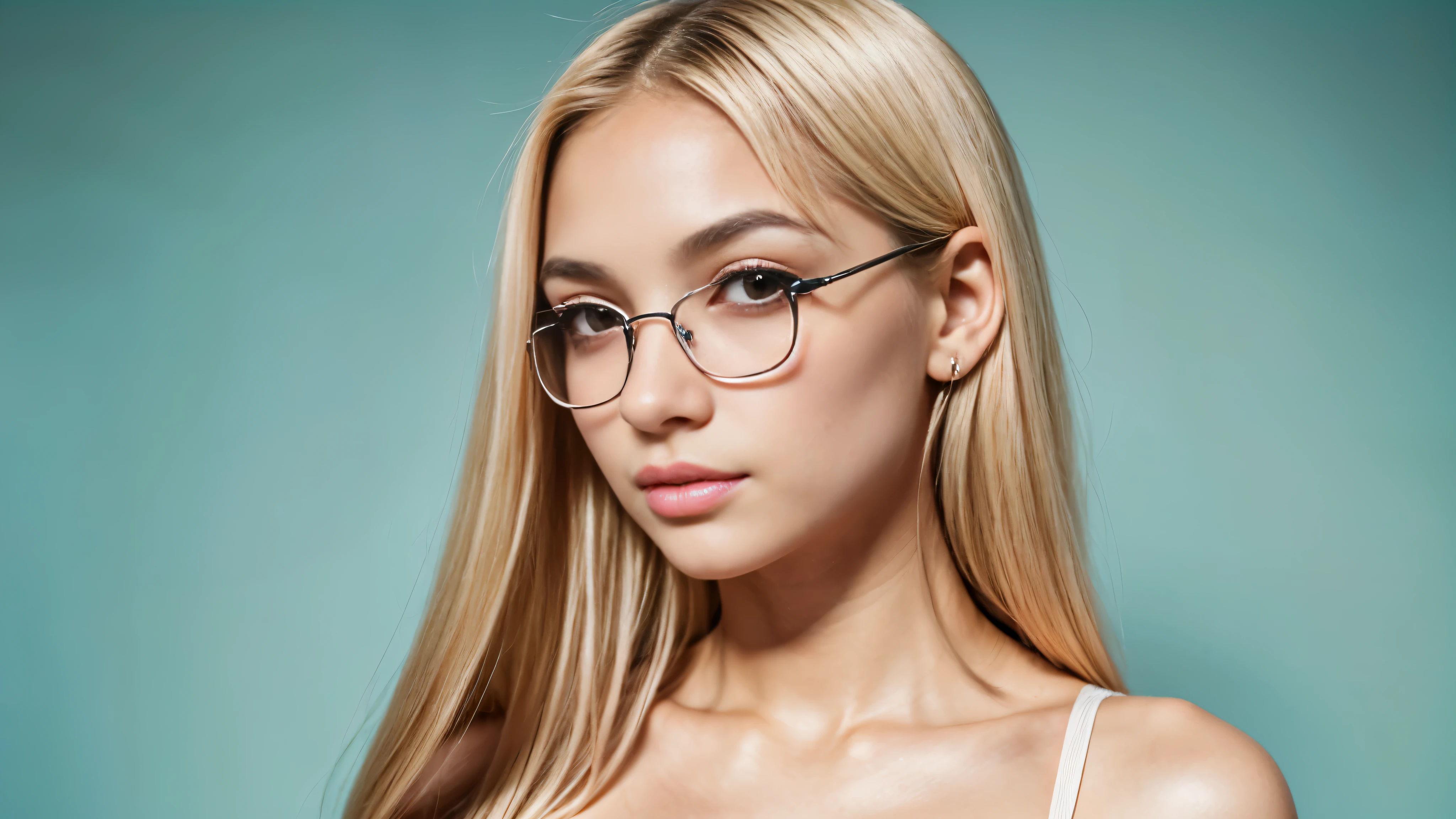 Masterpiece, realistic, highly detailed, best quality, (looking_at_viewer, young feminine 18 years woman, symmetric_face, very_cute_round_face_shape, short_face, small_face, young_face, short_body:1, rounded_chin+jaw, small_jaw, short_jaw, very_cute+very_feminine young_girl, tanned_skin, long_straight_hair, (light_blonde_hair), very_thin_eyebrows, very_thin_brows, round_thin_brows, round_thin_eyebrows, (brown_eyes), big_eyes:0.3, large_eyes:1.3, round_eyes:0.6, symmetric_eyes, mascara:0.8, makeup:1, slim_nose:1, feminine_prominent_cheekbones:1.2, slim_greek_nose, rounded_nose:1, thin_nose:1, thin_nostrils:1, thin_nose_bridge:0.5, thin_nose_tip:1, small_nose_tip:1, feminine_pink_lips, sensual_flirting_expression, wearing_turquoise_lingerie, white_backdrop),(big breasts:1.5), sexy glasses