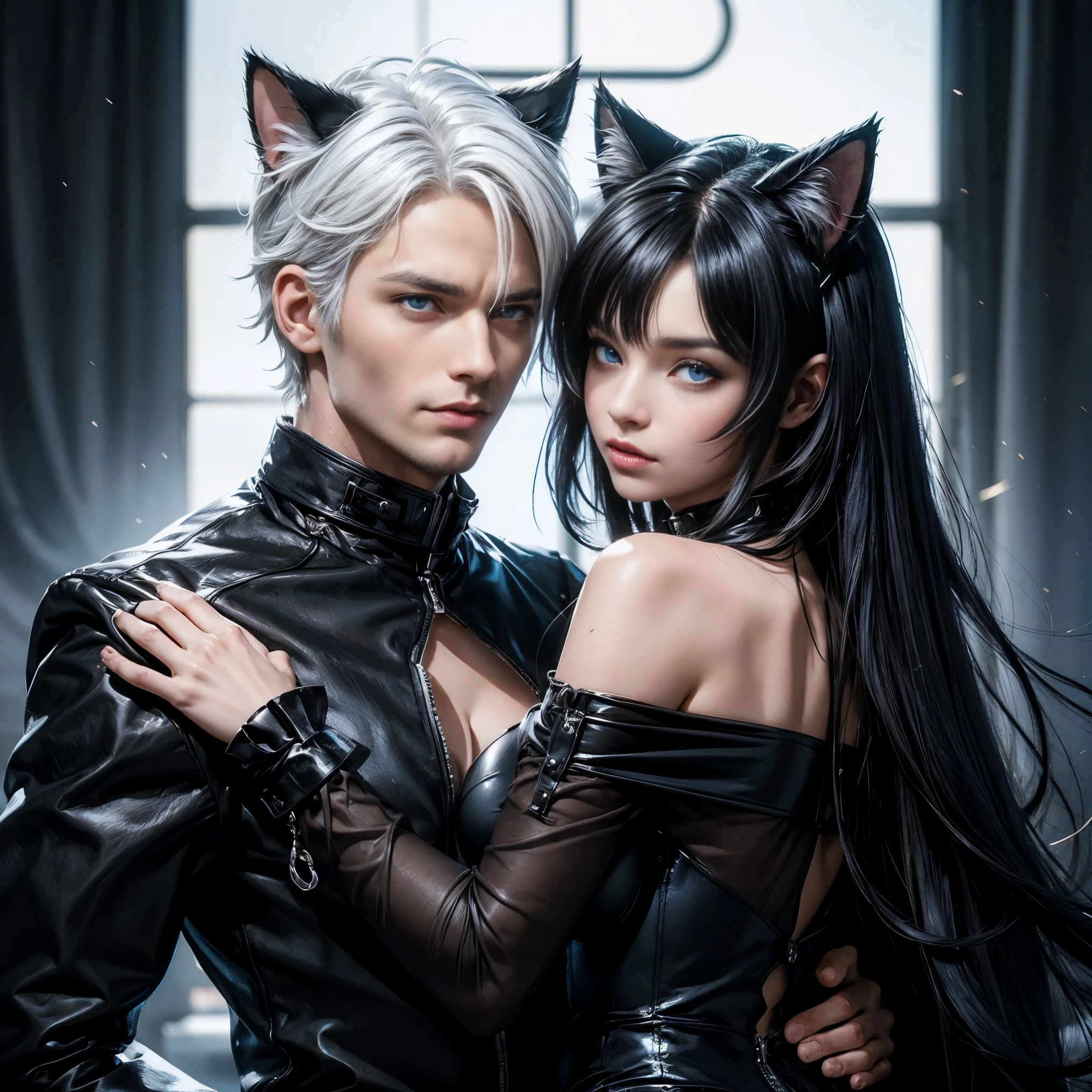 (woman, black hair, brown eyes, cat ears, close to man)( man, male, white hair, blue eyes, Man with cat ears, get ear) woman and man, cat ears, couple 