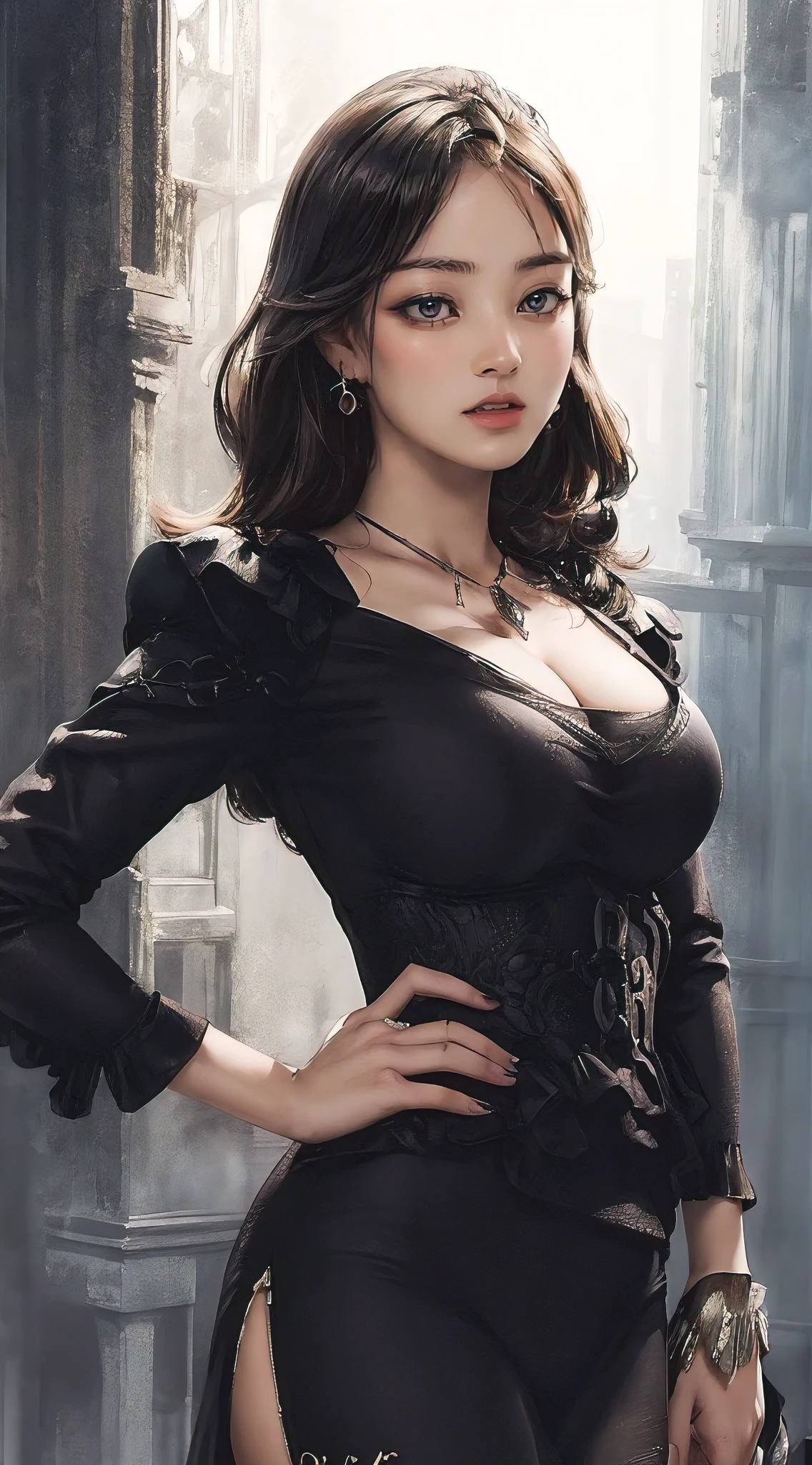 (best quality, masterpiece:1.2), perfect hourglass full body figure like kate upton, hyperfeminine, wide hips, thick thighs, large breasts, exotic eyes, form fitting dress, dangerous allure, dystopian city, dark tones