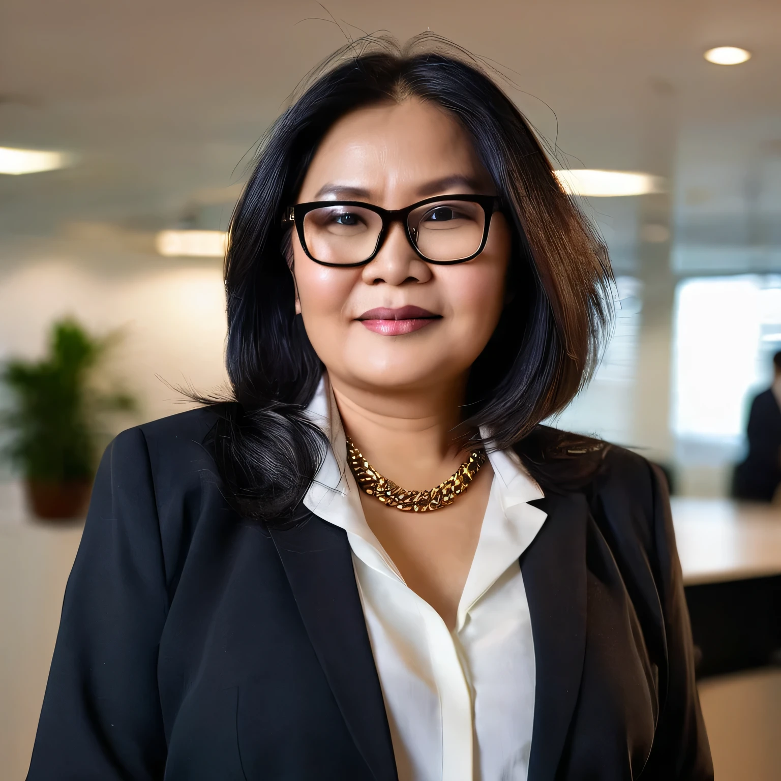 an endomorph 50 years chubby old indonesian lady with long tousled bob hair, wearing a formal shirt, blazer, black pants, glasses, and an elegant necklace. She is standing looking at the camera in a busy office office space, with a medium close-up centered angle, shallow depth of field, warm lighting, softbox lighting from the front, creating a creative mood.