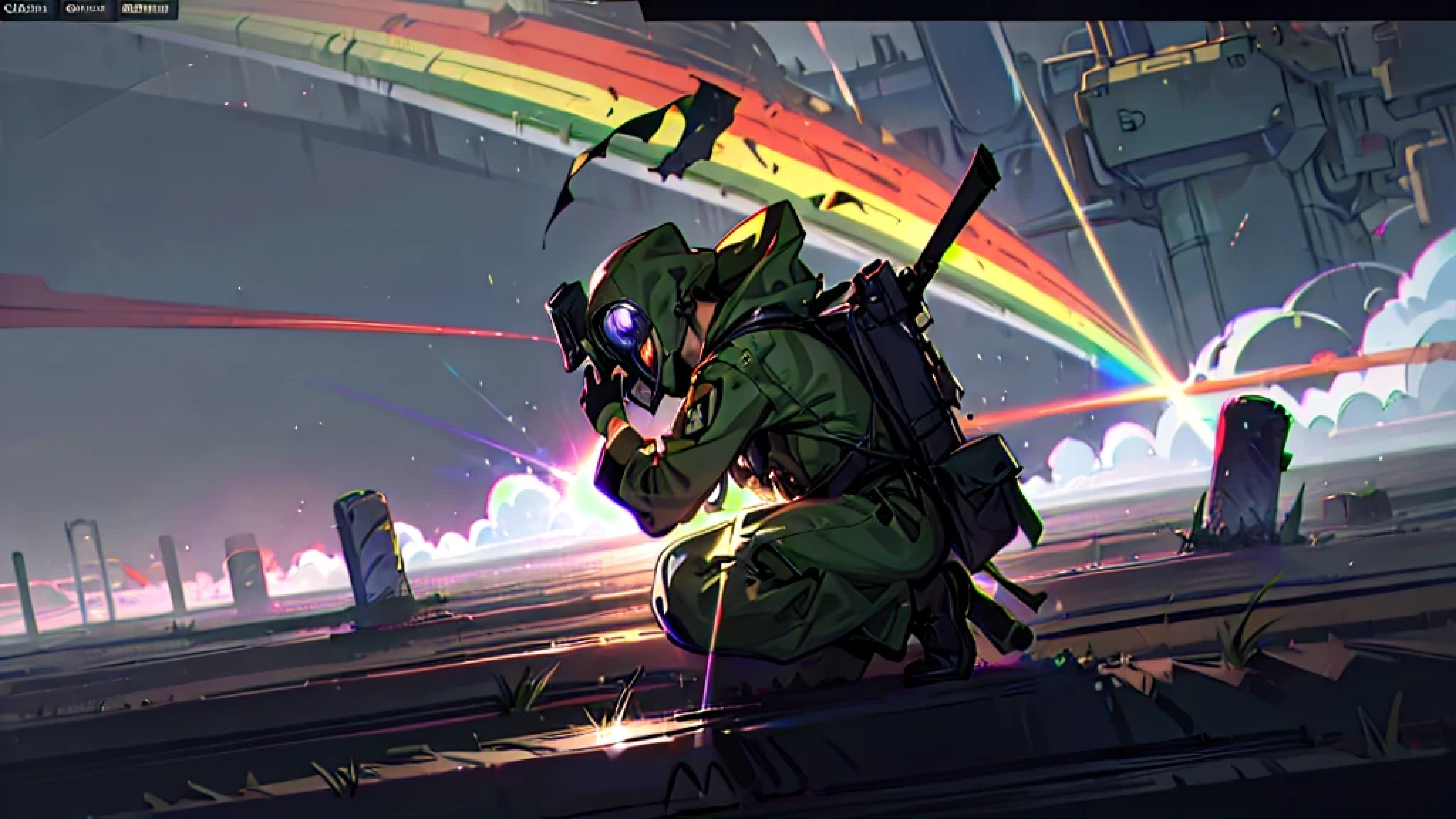 1 garoto, general camera angle, plano geral,PG, Wearing army clothes, with gas mask, Traje militar futurista, rainbow laser beam gun, arma destrutiva, arma longa, Weaver&#39;s position, urbano, destroyed scenery, attack by 1 grotesque alien, luz natural, luz refletida, melhor qualidade, super detalhado, estilo de bala de metal, estilo Makoto shinkai, anime, chibi, 3.2D, pixiv
