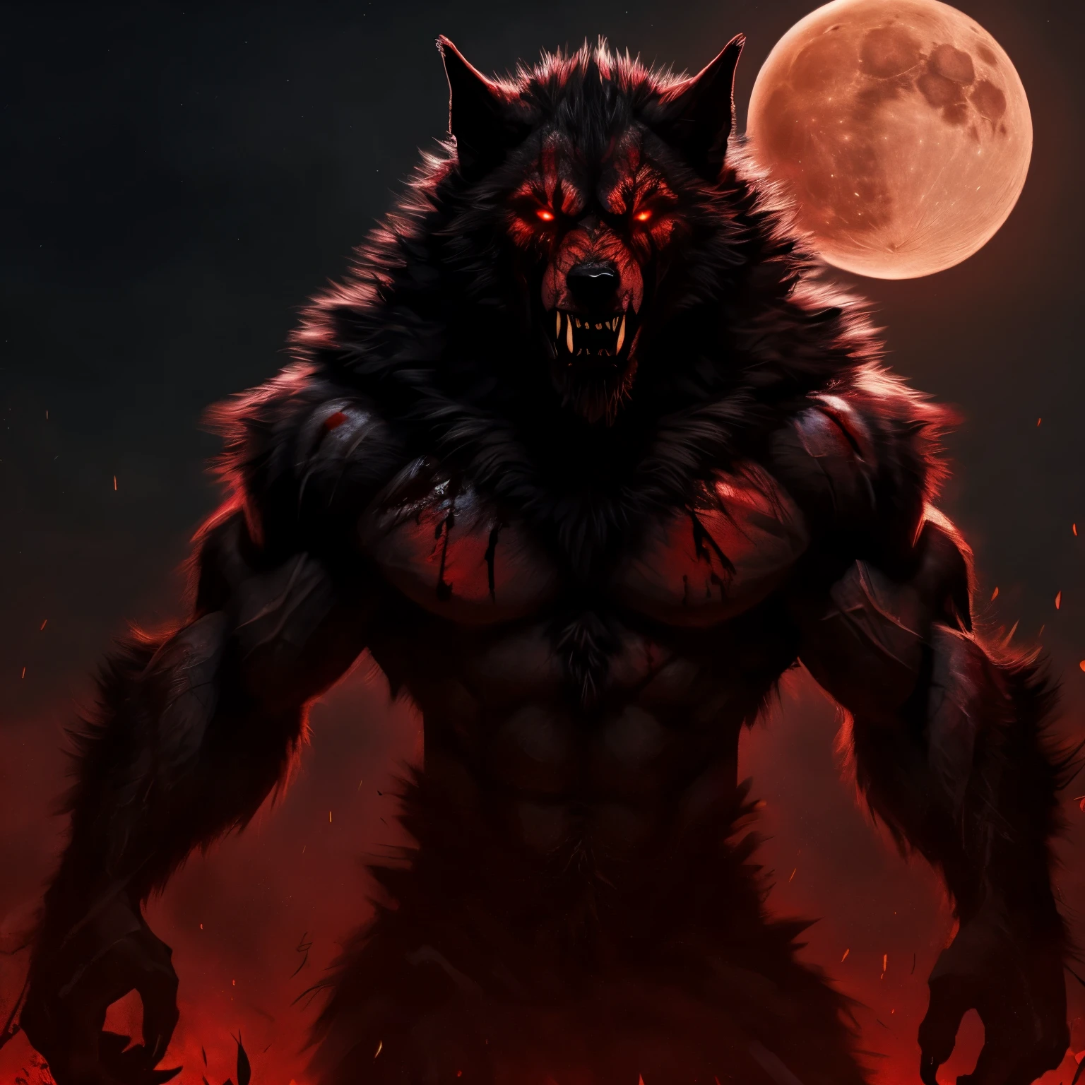 Blood thirsty werewolf, blood, fangs, red, black furr, full moon, blood moon