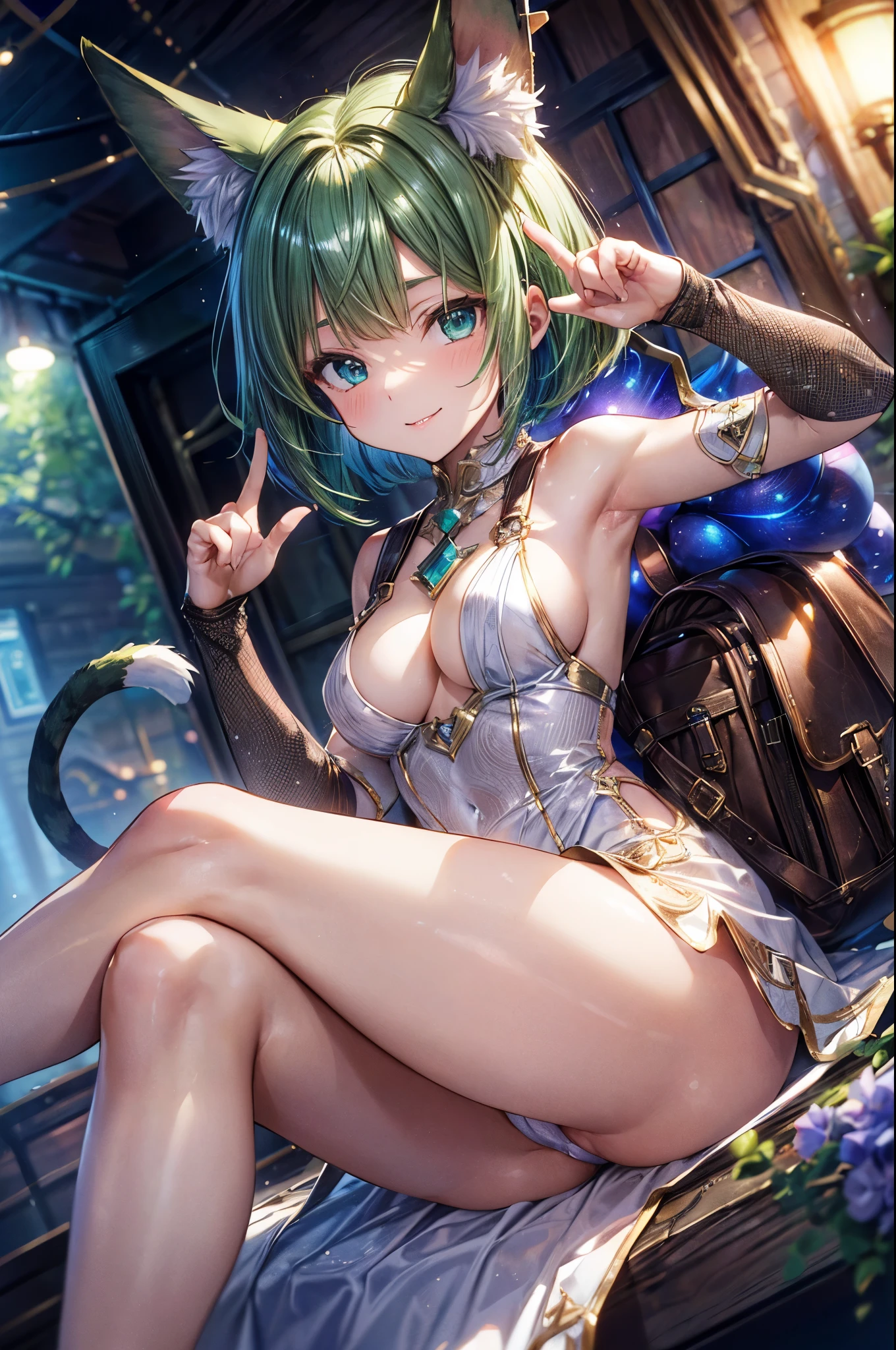deltamon, backpack, (thin tail a green), break, short hair, ((green hair1.5)), (animal ears a green), bob cut, 4 defined fingers, 1 defined thumb, (looking at viewer), break, sexy, ((solo)), (1 woman), ((25 years old)), ((highest quality)), ((masterpiece)), (familiar), skindentation, perfect face, 8k , (cowboy shot), break,((metallic costume)), break, blue eye, beautiful princess, evil smile, medium breasts, perfect limbs, (visible nipples:0.7), (camel toe:0.5), sexy, (sexy pose), , (dutch angle), from below, sitting, ((wearing a shiny white dress)),
