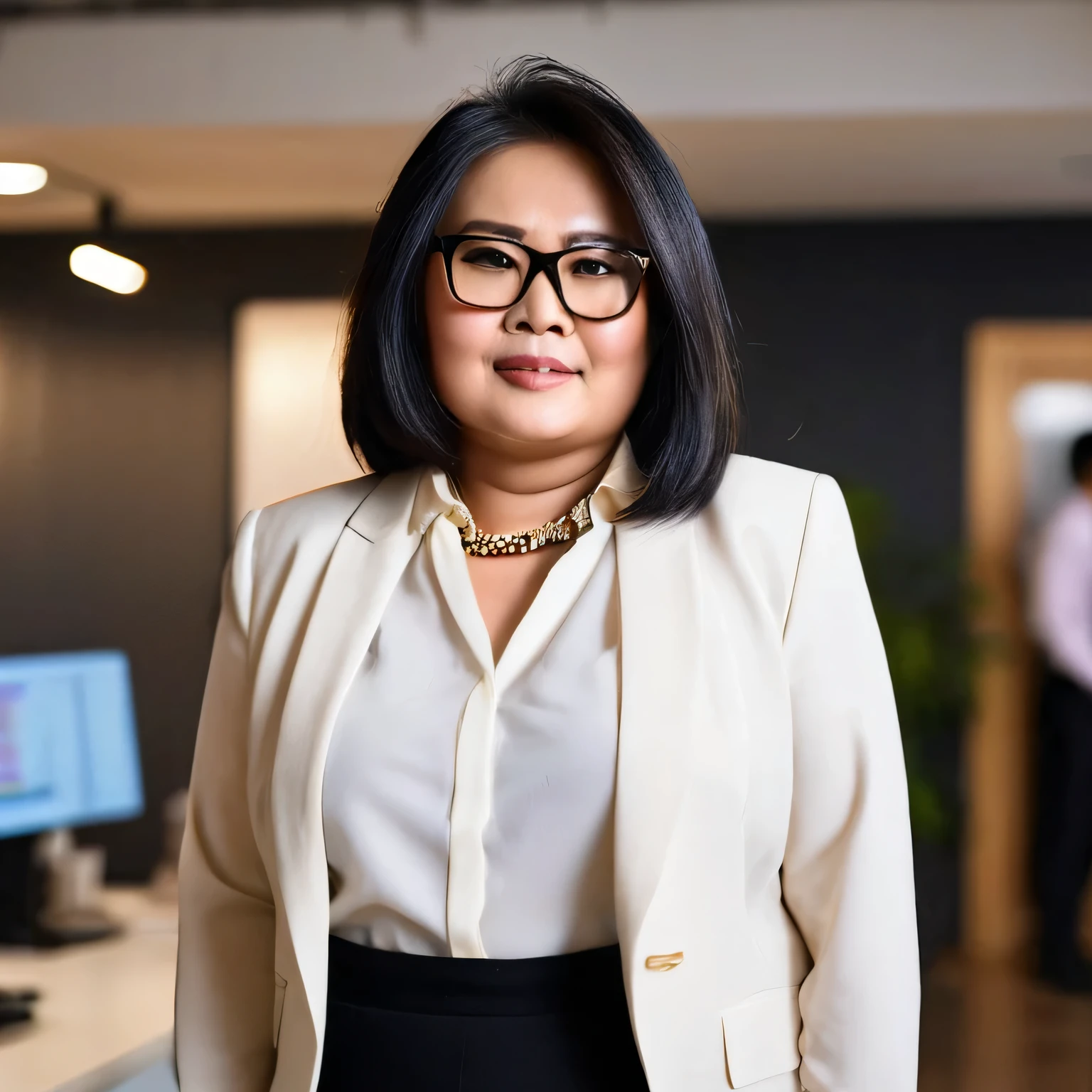 an endomorph 50 years chubby old indonesian lady with long tousled bob hair, wearing a formal shirt, blazer, black pants, glasses, and an elegant necklace. She is standing looking at the camera in a busy office office space, with a medium close-up centered angle, shallow depth of field, warm lighting, softbox lighting from the front, creating a creative mood.