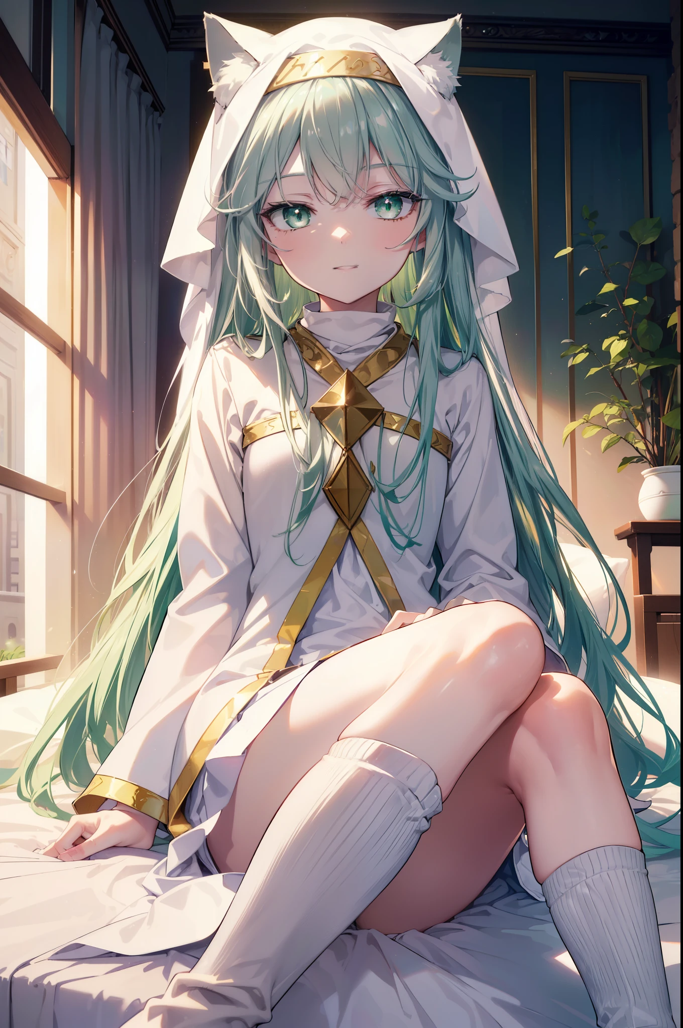 index, index, (green eyes:1.5), silver hair, long hair, (flat chest:1.2),happy smile, smile, open your mouth,
break habit, long sleeve, nun, Cat ear,cattail white robe, wide sleeve,brown short boots,Sitting on the bed,
break looking at viewer, Upper body, whole body,
break indoors, Bedroom,
break (masterpiece:1.2), highest quality, High resolution, unity 8k wallpaper, (figure:0.8), (detailed and beautiful eyes:1.6), highly detailed face, perfect lighting, Very detailed CG, (perfect hands, perfect anatomy),