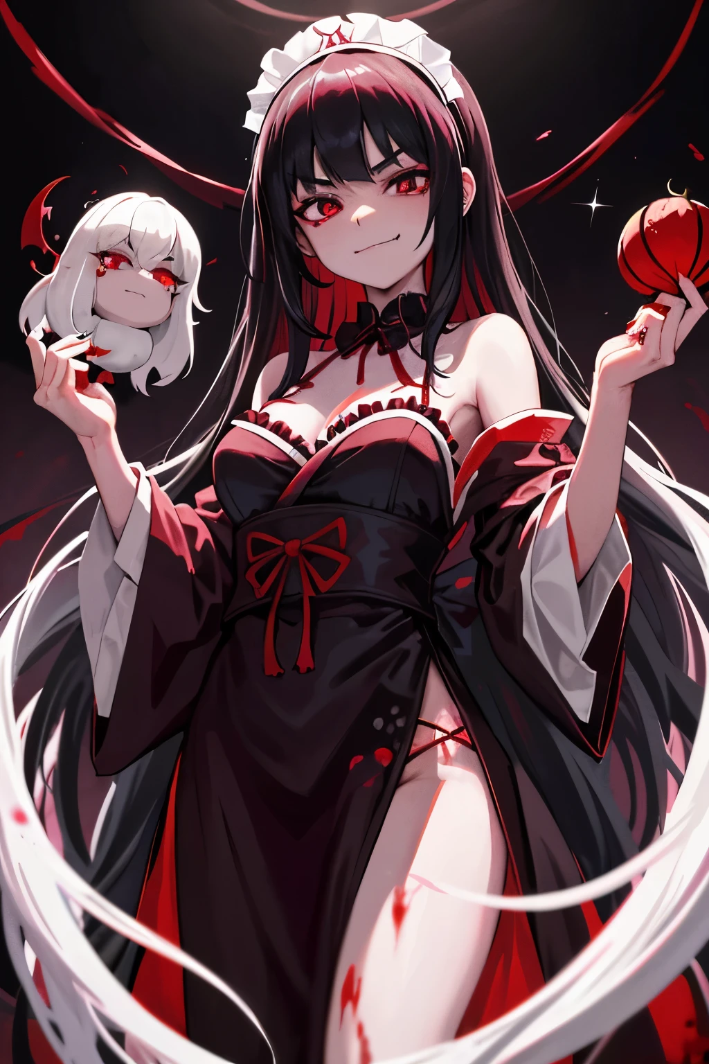 In the dimly lit Japanese room, a sadistic vampire girl with kawaii features stood before an altar. Her long, flowing black hair was accessorized with a blood-red headband, and her eyes shone with an uncanny, bloodthirsty glow. Clad in a tattered maid costume, her white dress was stained with droplets of fresh, crimson blood. In one hand, she held a wicked-looking wooden stake, and in the other, a menacing, blood-colored fan. A seductive smirk graced her lips as she looked at the viewer, her sadistic pleasure evident in every fiber of her being. The room's atmosphere was