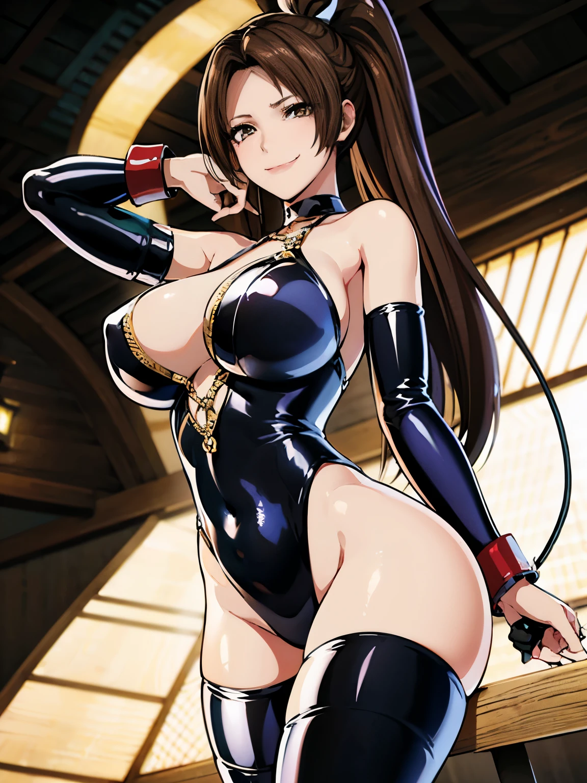 女性1 person、super detailed photos, Full body photo image、(((black shiny latex bondage suit)))、(from below:1.3)、 brown hair, brown eyes, long and high ponytail, hair band, 1 person、25 years old, japanese mature, beautiful fingers, beautiful long legs, beautiful body, beautiful nose, beautiful character design, perfect eyes, perfect face, jewelry, See-through, looking at the viewer, hair ornaments, choker, shy, (smug:1.6)、king of fighters,(((Has a black super long whip:1.5)))、
(table top, highest qualityの, highest quality, beautiful and aesthetic: 1.2), very detailed, more detailed,proper body proportions,table top,Super high quality output image,High resolution,intricate details,very delicate and beautiful hair,realistic pictures,dream-like,professional lighting,realistic shadow,focus only,sexy pose,
(big breasts:1.2,) , floating skirt,
Stiletto knee high long boots、anime one、from below、(((depiction of prison)))、(((close your mouth)))