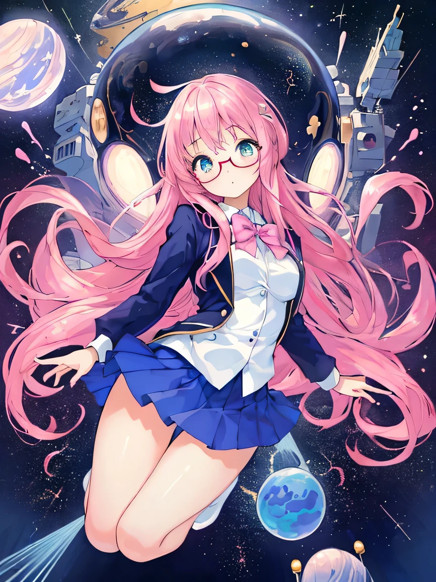 ((masterpiece)), ((highest quality)), (Super detailed), (cute), cute, cute, Lovely, figure, anime style, full body, full body focus, (beautiful eyes), a cute girl, 1 girl, alone, outer space, floating in space, blazer uniform, beautiful straight long hair, dark blown hair, Glasses, slim, thin, Medium chest, surprised face.