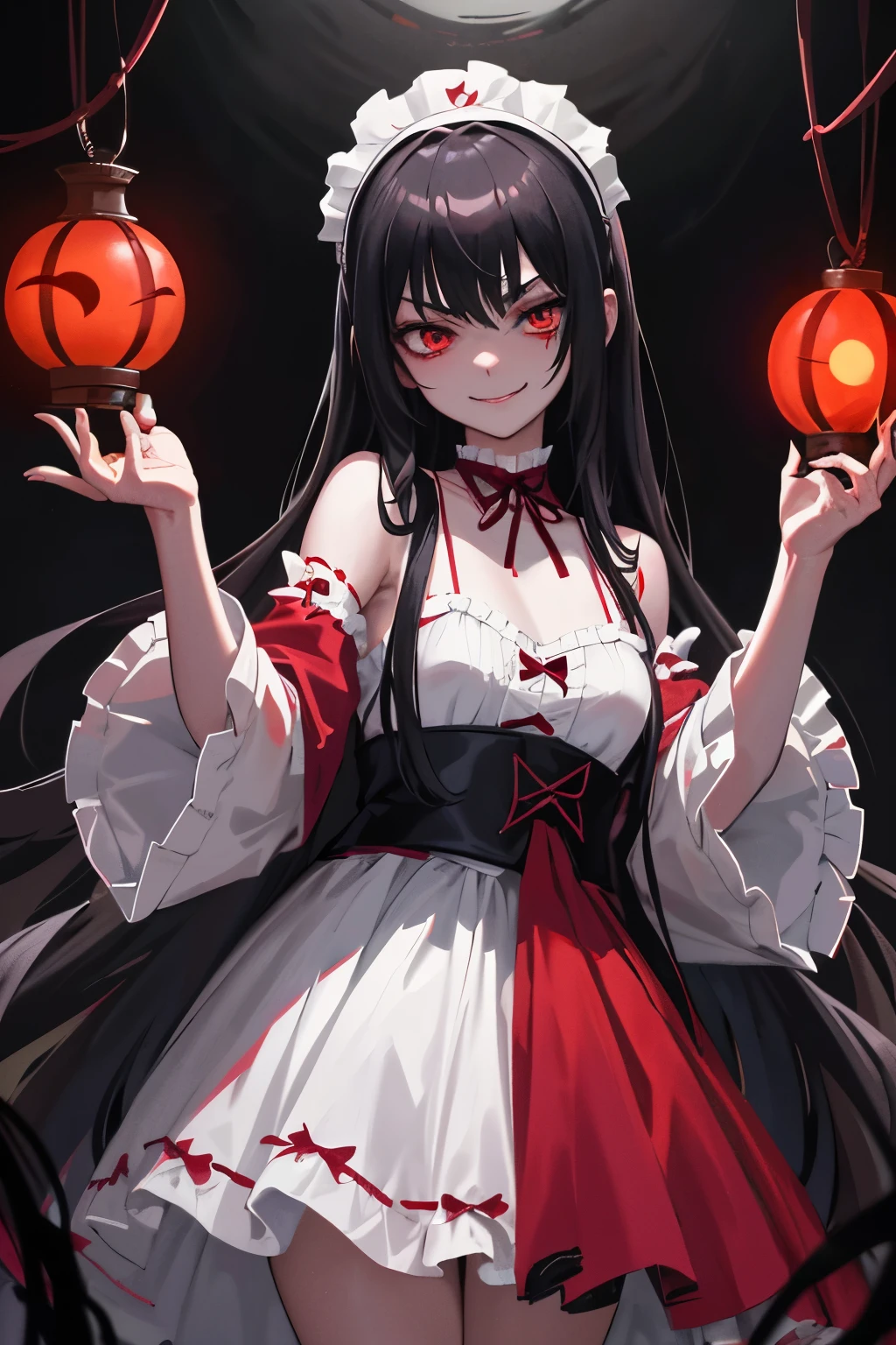 In the dimly lit Japanese room, a sadistic vampire girl with kawaii features stood before an altar. Her long, flowing black hair was accessorized with a blood-red headband, and her eyes shone with an uncanny, bloodthirsty glow. Clad in a tattered maid costume, her white dress was stained with droplets of fresh, crimson blood. In one hand, she held a wicked-looking wooden stake, and in the other, a menacing, blood-colored fan. A seductive smirk graced her lips as she looked at the viewer, her sadistic pleasure evident in every fiber of her being. The room's atmosphere was