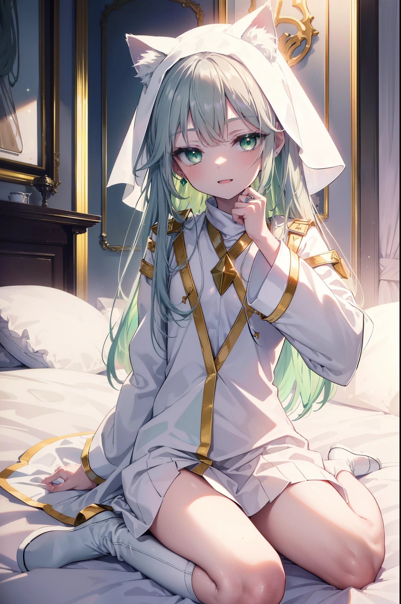 index, index, (green eyes:1.5), silver hair, long hair, (flat chest:1.2),happy smile, smile, open your mouth,
break habit, long sleeve, nun, Cat ear,cattail white robe, wide sleeve,brown short boots,Sitting on the bed,
break looking at viewer, Upper body, whole body,
break indoors, Bedroom,
break (masterpiece:1.2), highest quality, High resolution, unity 8k wallpaper, (figure:0.8), (detailed and beautiful eyes:1.6), highly detailed face, perfect lighting, Very detailed CG, (perfect hands, perfect anatomy),