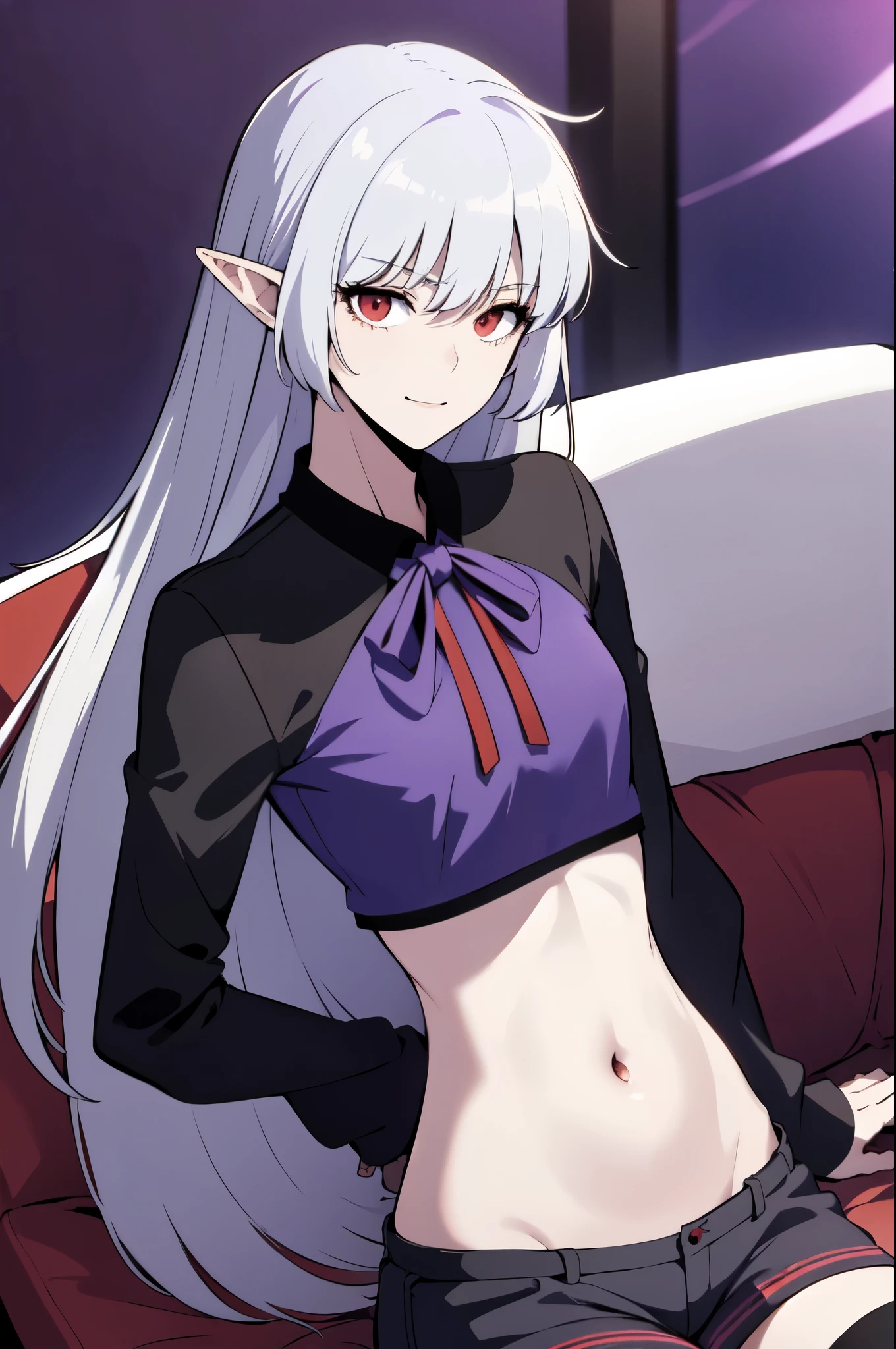 alice,vampire,grey hair, long hair, red eyes, pointy ears, small breasts
,eager pet pose,embarrassed,blush,naked,collar,,clenched teeths