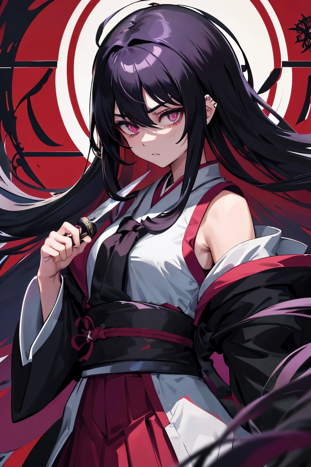 In the captivating realm of Japanese anime, an amazing image unfolds before your eyes. A solitary girl, embodying the essence of a Yandere, is depicted in this intricately crafted scene. Her long, jet-black hair cascades down her shoulders in luscious waves, framing her beautiful face. Her piercing violet eyes, filled with an unyielding intensity, gaze intently at an unseen target. The girl clutches a terrifyingly sharp knife in one hand, the blade glinting menacingly under the dim lighting.

Her stunning outfit is a stark contrast to her ominous demeanor. She wears a traditional Japanese 