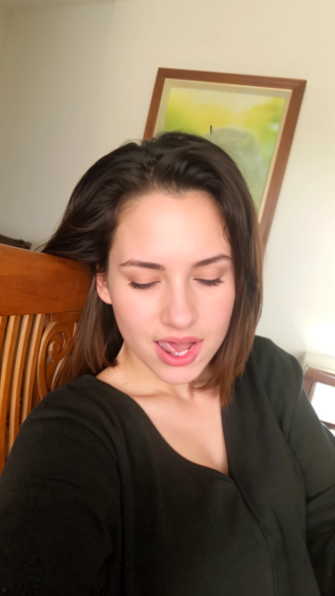 British girl, ((European girl)), white girl, pinterest, taking a selfie, light skin, half body, close up, amateur, closed eyes, sticking out tongue