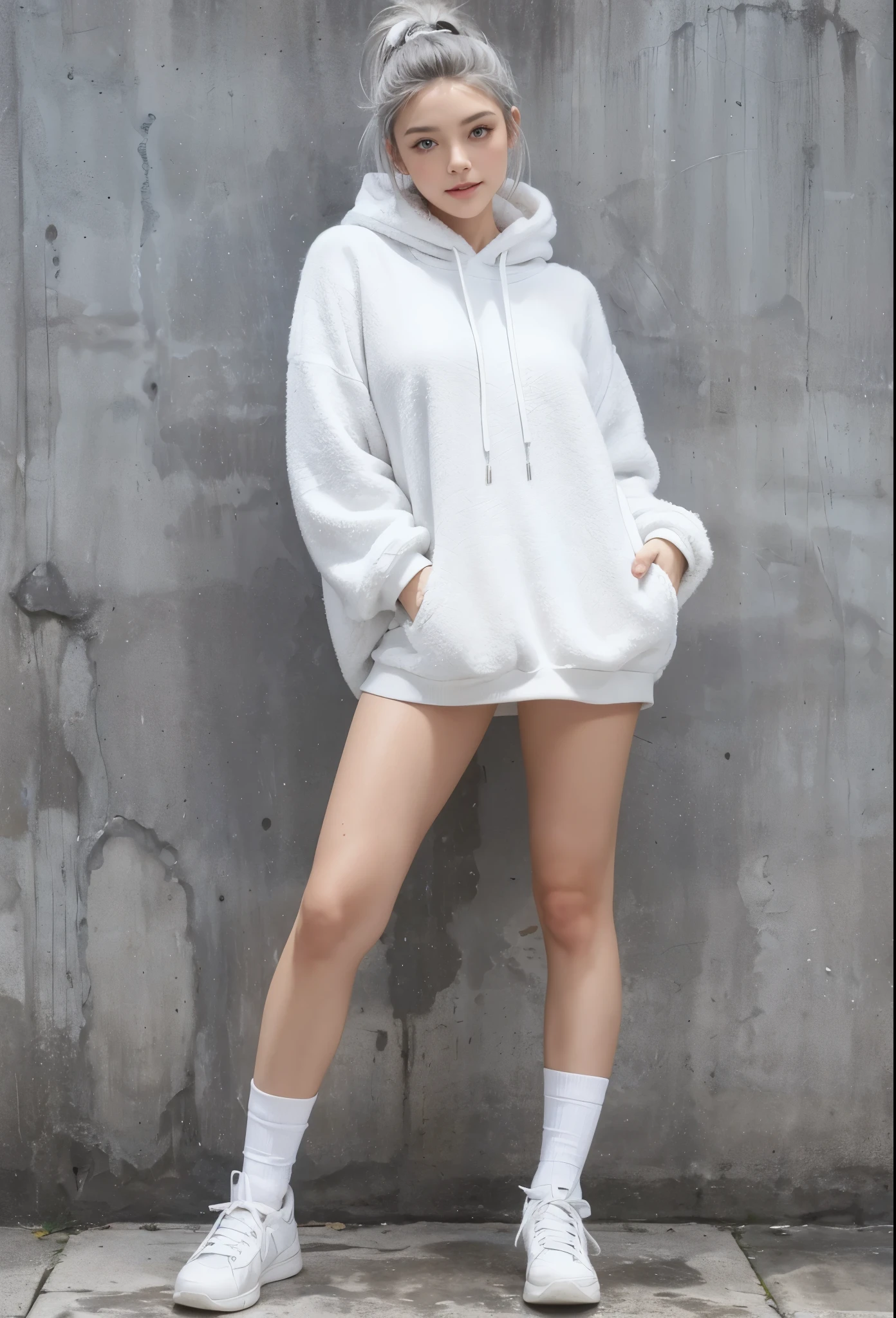 Best Quality, Realistic, (gray hair, medium hair:1.2), (arranged hair:1.4), with fair skin and seductive blue-eyes, damp skin, detailed face, huge eyes, detailed eyes, (very small Head and face, huge eyes, dropy eyes:1.4), Double eyelid, Glossy eyes, BREAK (white theme:1.2), (fluffy white hooded sweatshirt:1.2), (oversized and loose fit:1.1), (white short A-line skirt:1.2), (pleated design:1.1), (white knee-high socks with sheep wool trim:1.2), (high-cut white sneakers:1.2), (silver anklet:1.1),
BREAK
(sheep wool:1.2), (fluffy and soft texture:1.2) BREAK
Adopt a curvaceous posture, damp skin, daily、at a concrete floor, happy, Smiling, (With a high ponytail and large breasts, Wet udder, wet breasts, large soft breasts:1.2), Ingrained skin, ingrown breast, (crushed breast:1.2), beautiful puffy nipples, bold exposure, wet skin, damp skin, (abs:1.2), (low rise:1.4), (medium buttocks), sitting and random gravure pose, random angle, Adopt a curvaceous posture, (fog and mist Blurred background, Perfect and beautiful concrete background), (Inorganic and nostalgic white lighting),