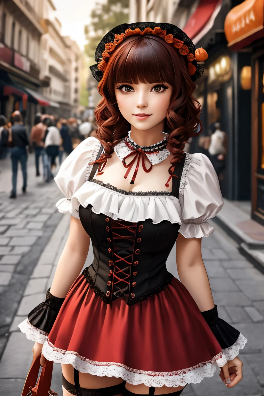 1woman, masterpiece, best quality, ultra-detailed, beautiful detailed, (((extremely detailed face))), (((blunt bangs))), (((big frills and ribbon))), grin, (((red blouse))), (black skirt), suspender dress, frills, lace, (long hair), ((garter belt)), (((piercing jewelry))), (((look down))), (dirty street), (jack o lantern), (Red Riding Hood), (crowd), ((short bob hair))