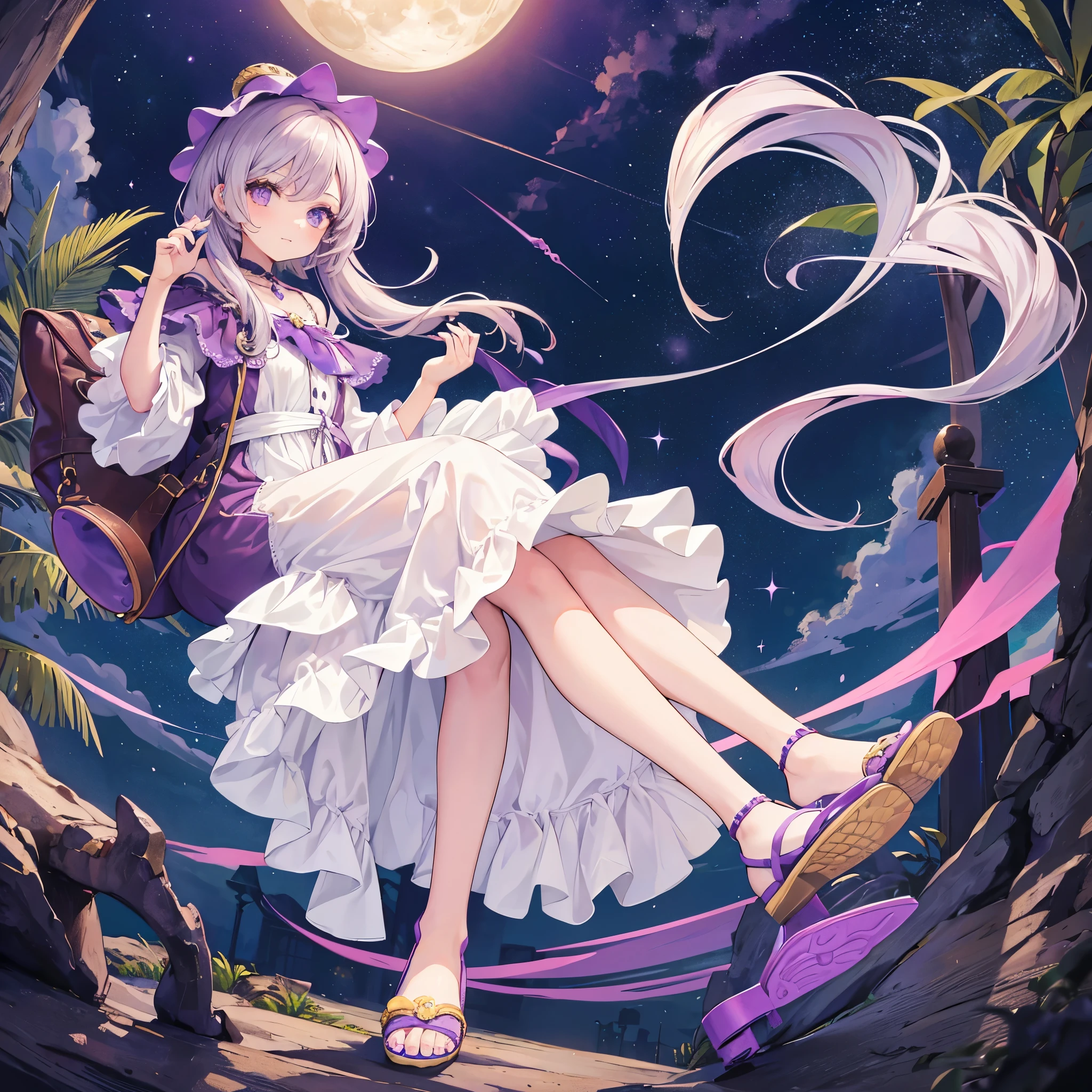 Ela se chama Luna, uma de cabelos marrons aos ombros, 10 anos de idade, she wears a long dress and purple crocs on her feet, ela esta usando uma mochila nas costas.