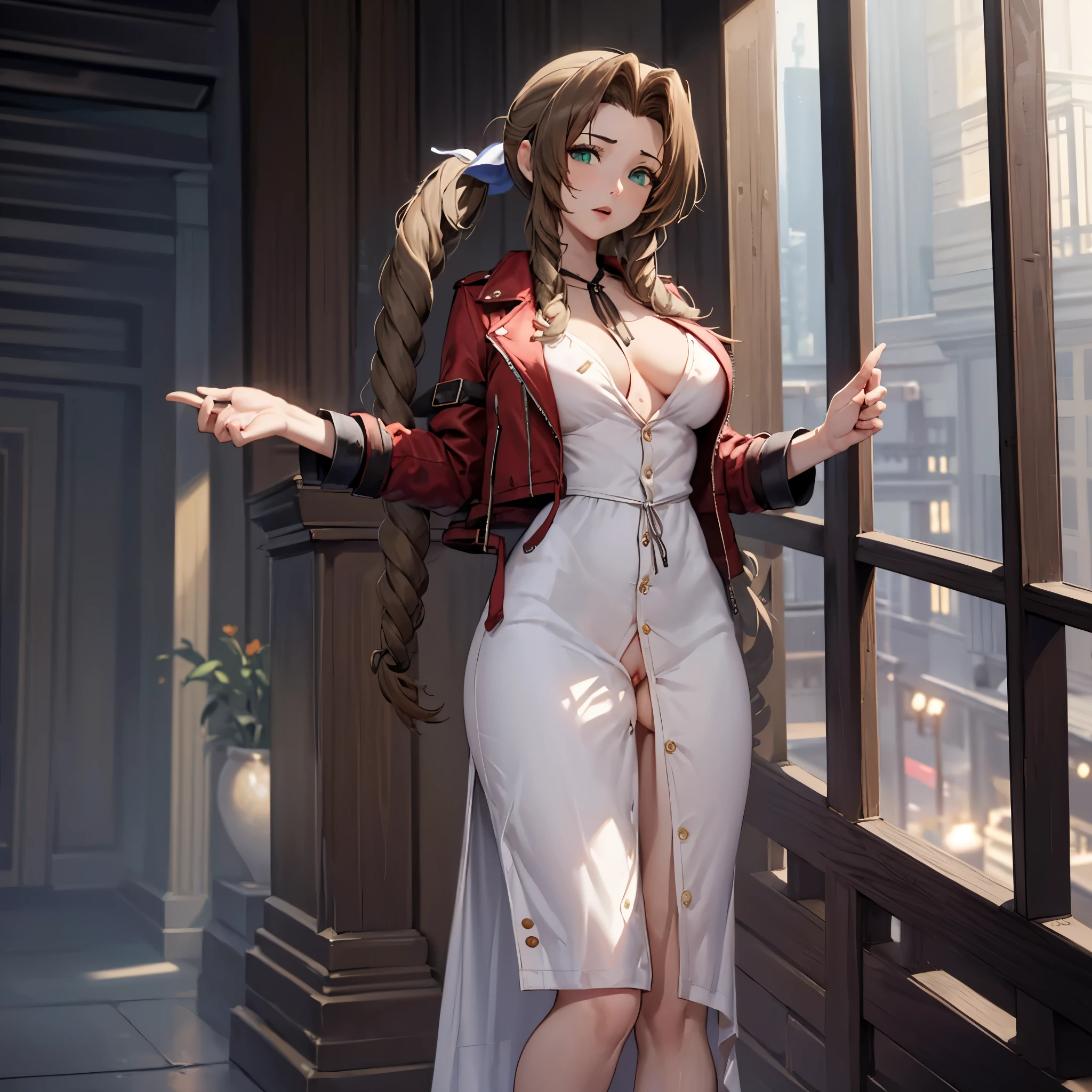 (solo), (Aerith Gainsborough) standing, final fantasy, large breasts, (cropped jacket), (long button dress:1.5) with open lower body, nsfw, (show off vagina for viewer:1.5), orgasm, skinny long legs