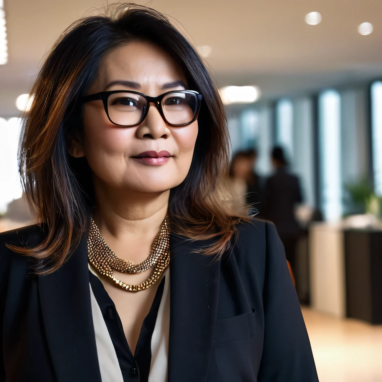 a 50 years fat old indonesian lady with long tousled bob hair, wearing a formal shirt, blazer, black pants, glasses, and an elegant necklace. She is standing looking at the camera in a busy office office space, with a medium close-up centered angle, shallow depth of field, warm lighting, softbox lighting from the front, creating a creative mood.
