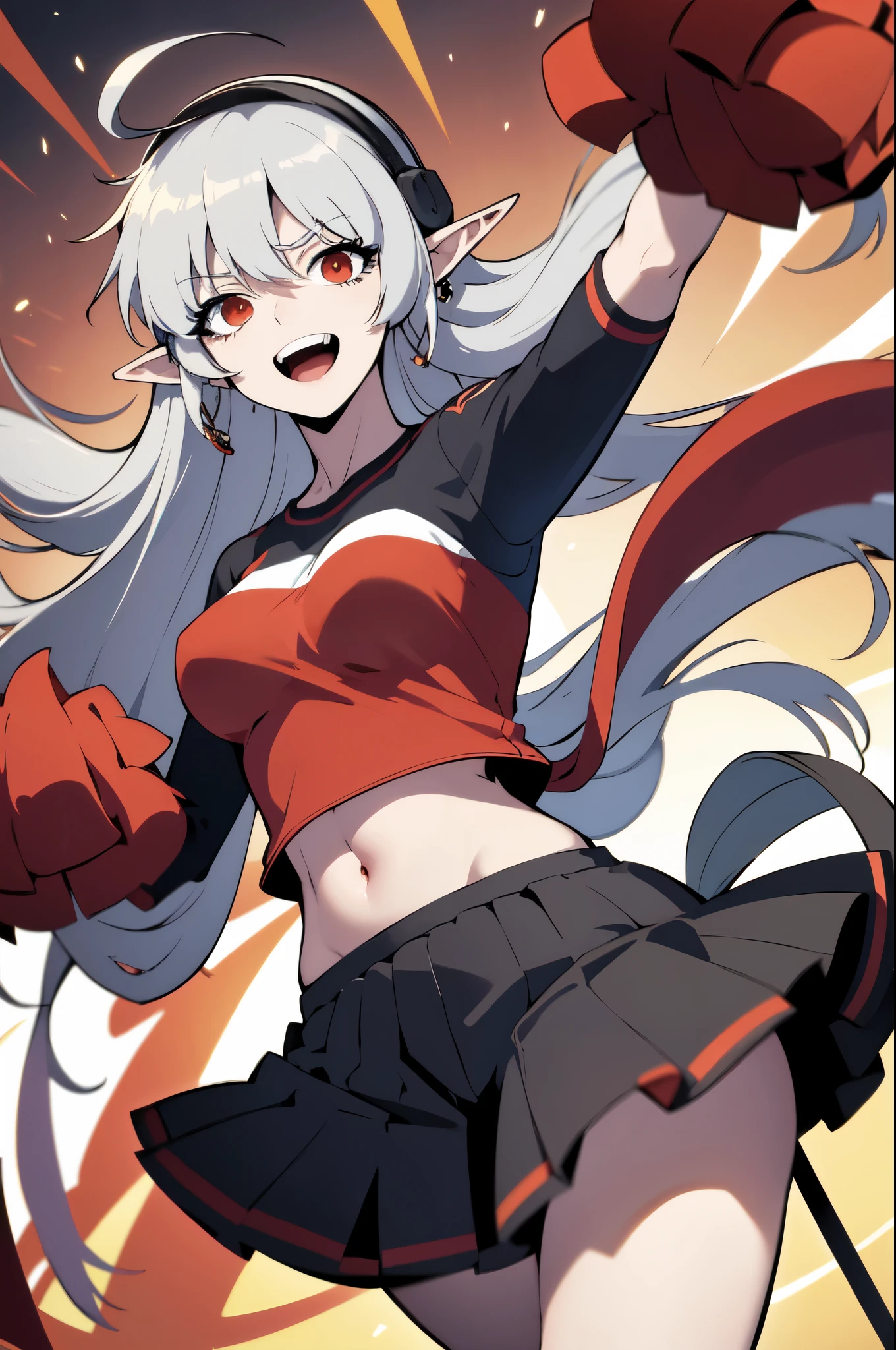 nm1, headphones around neck, masterpiece, best quality, absurdres, incredibly detailed, official artwork, happy, breasts, looking at viewer,solo, large breasts, happy,ahoge,earings,dumbells, stomach ,alice vampire grey hair, long hair, red eyes, pointy ears, small breasts
, Cheerleader shirt, Cheerleader skirt
