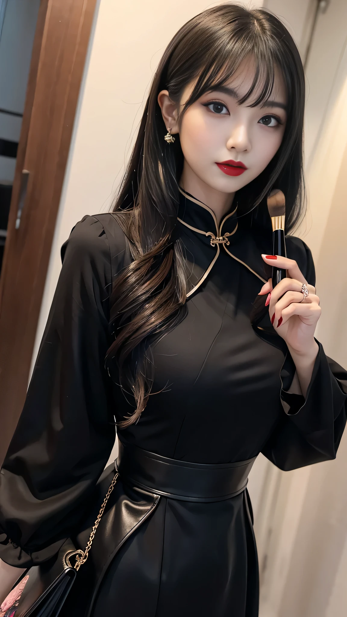 detailed、Japanese、charming beauty、seductive adult woman、Beautiful woman、sharp eyes、cool girl、wavy hair、flowing bangs、long black cheongsam、wide sleeve、evilの幹部、evil depravity、brainwashing、Mind control、lipstick、lip gloss、grin、evilな表情、evil、empty eyes、evil、night walk、vampire、Succubus、vampire、makeup brush