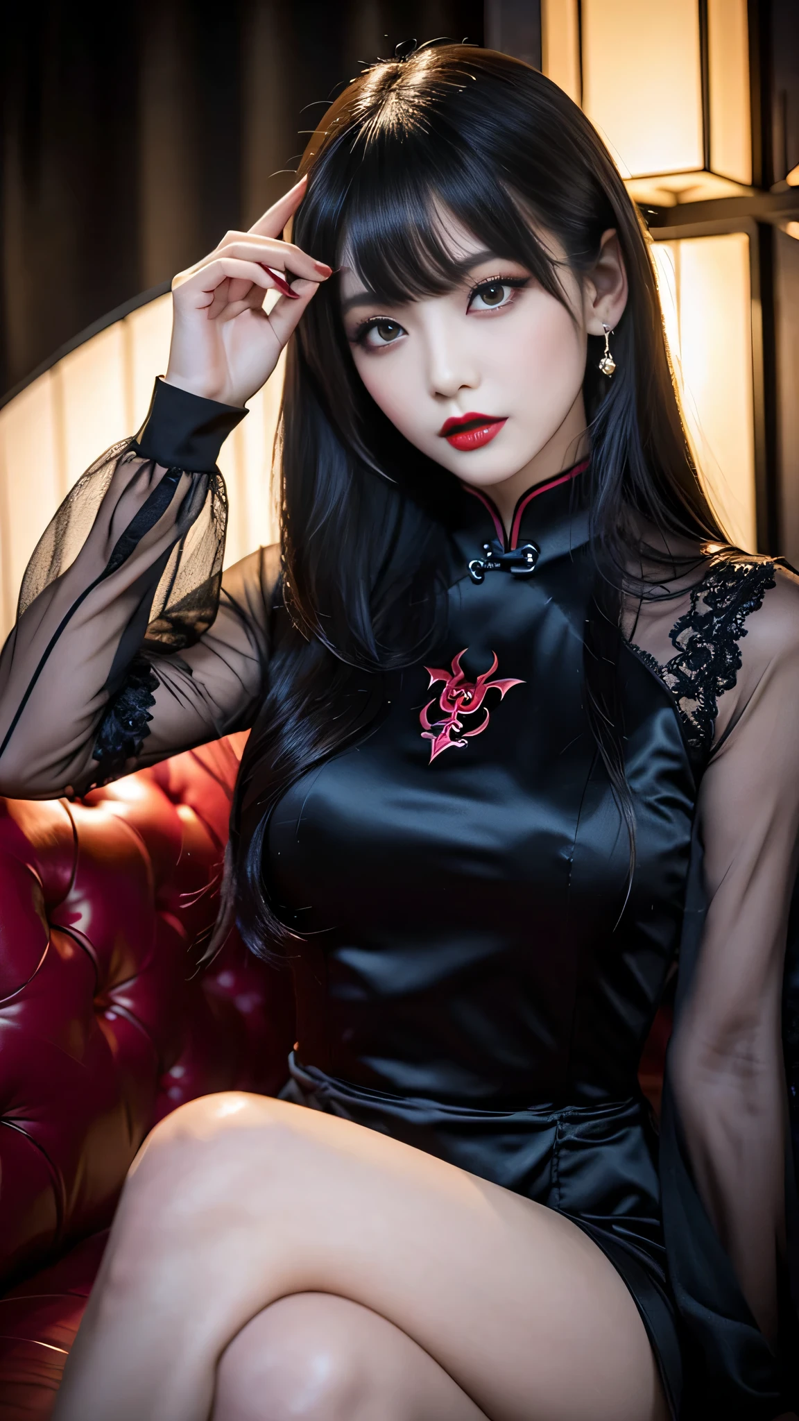 detailed、Japanese、charming beauty、seductive adult woman、Beautiful woman、sharp eyes、cool girl、wavy hair、flowing bangs、long black cheongsam、wide sleeve、evilの幹部、evil depravity、brainwashing、Mind control、lipstick、lip gloss、grin、evilな表情、evil、empty eyes、evil、night walk、vampire、Succubus、vampire、makeup brush