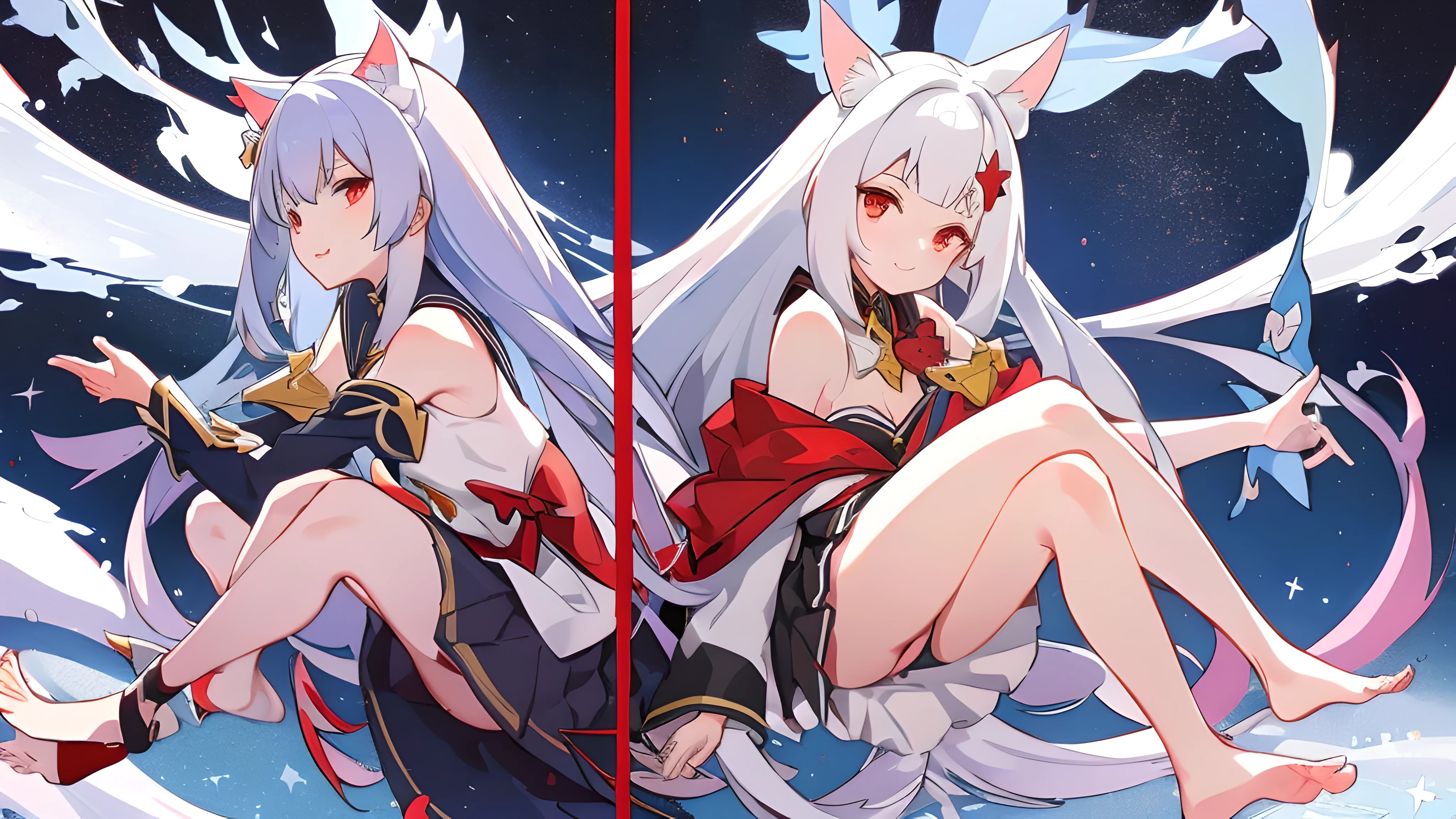 white hair，Red eyes，foot，Anime characters in the water,, mage, Popular on artstation pixiv, Ice crystal armor,, Official Anime Artwork, Complete avatar of the Elementalist, anime goddess, , anime wallpaper, 美丽 的天体mage, Ayaka original god impact, Cat ear，barefoot，delicate hands，perfect foot，long hair，细致的long hair，perfect picture，，黑暗mage，sly smile，pleated skirt，Cloak，smile for camera，，Floating in Aiyin&#39;s hand，long fingers，side view，stretch your legs，，roll up，exposed，2D animation，Beautiful pictures ，JK costume school uniform，Dark system，Dark system，crimson single girl，