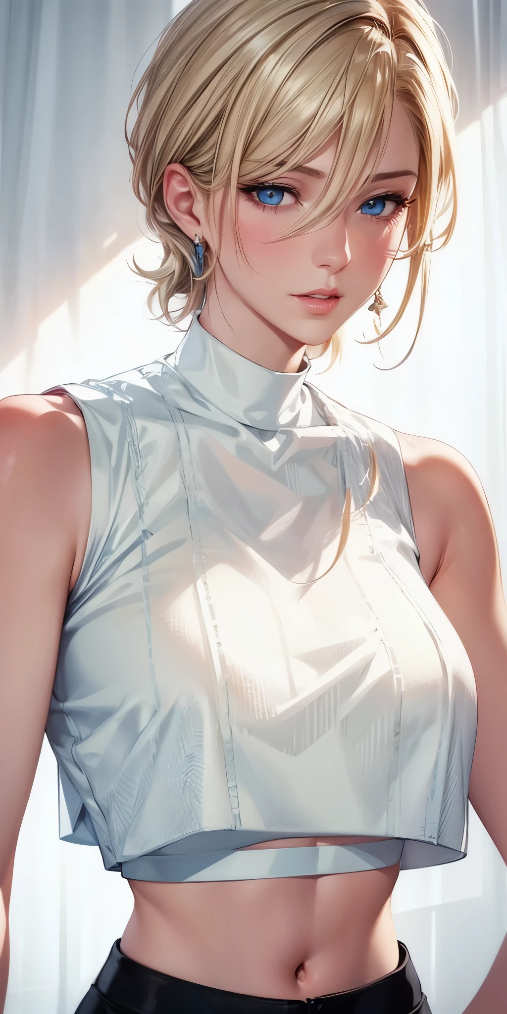 portrait, realistic, elegant mature woman, blue eyes, blonde hair, 4k resolution, ultra detailed cg, beautiful cg, soft light
